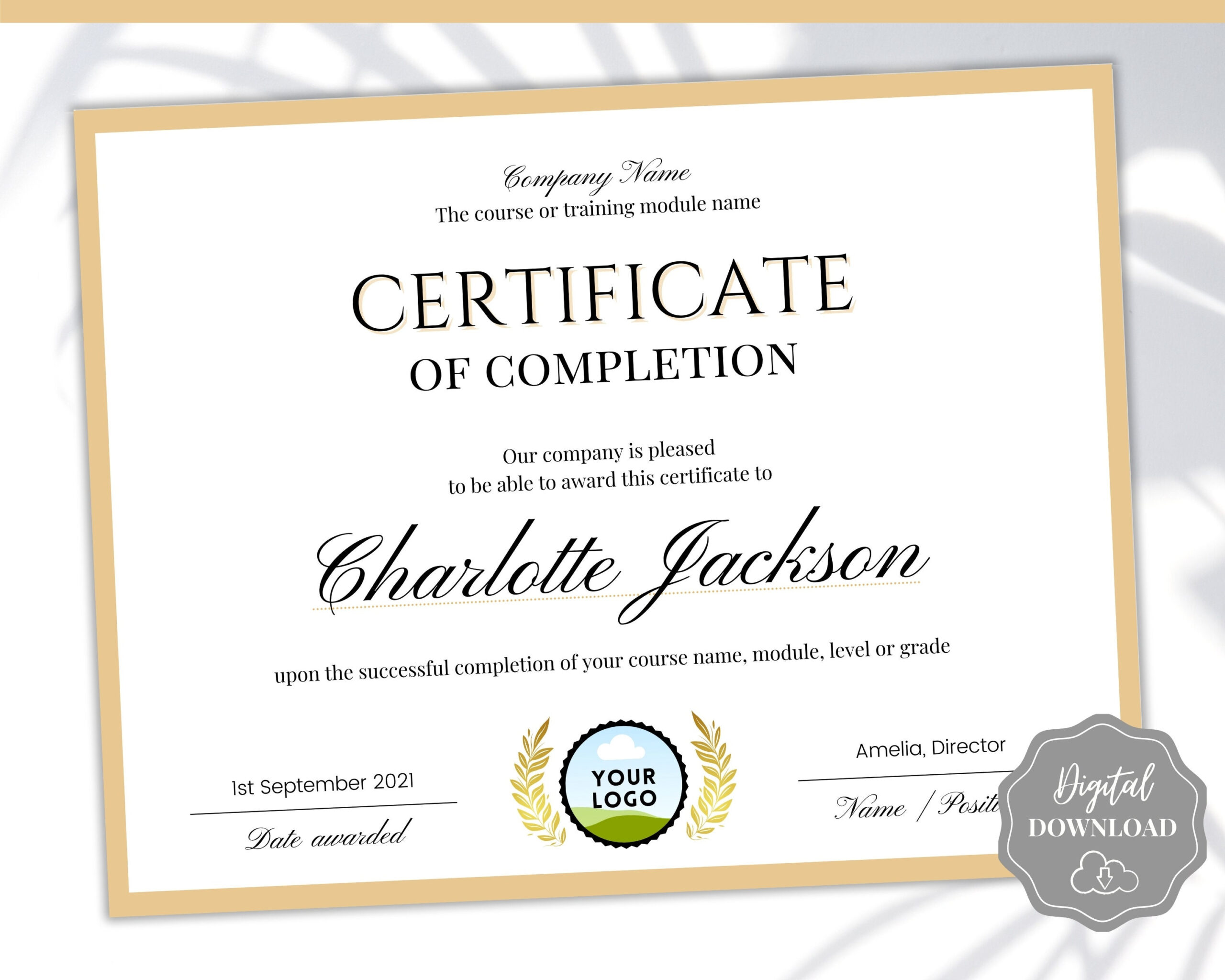 Editable Certificate Template Certificate of Completion - Etsy Canada In Practical Completion Certificate Template Uk