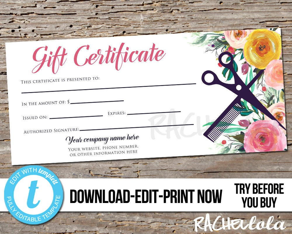 Editable Custom Hair Salon Gift Certificate template - Etsy