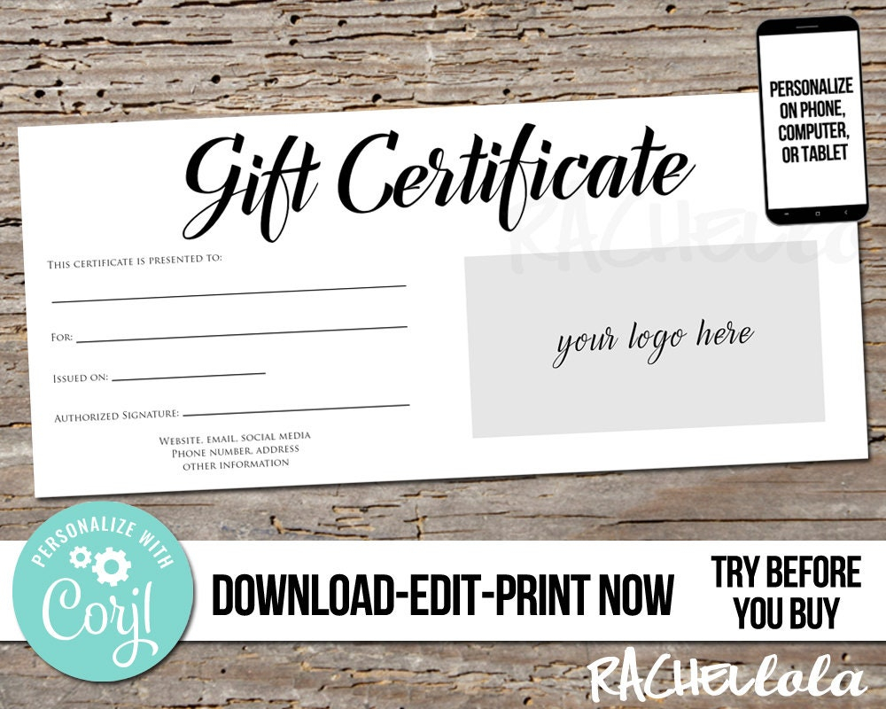 Editable Custom Printable Gift Certificate template Logo - Etsy  With Regard To Restaurant Gift Certificate Template