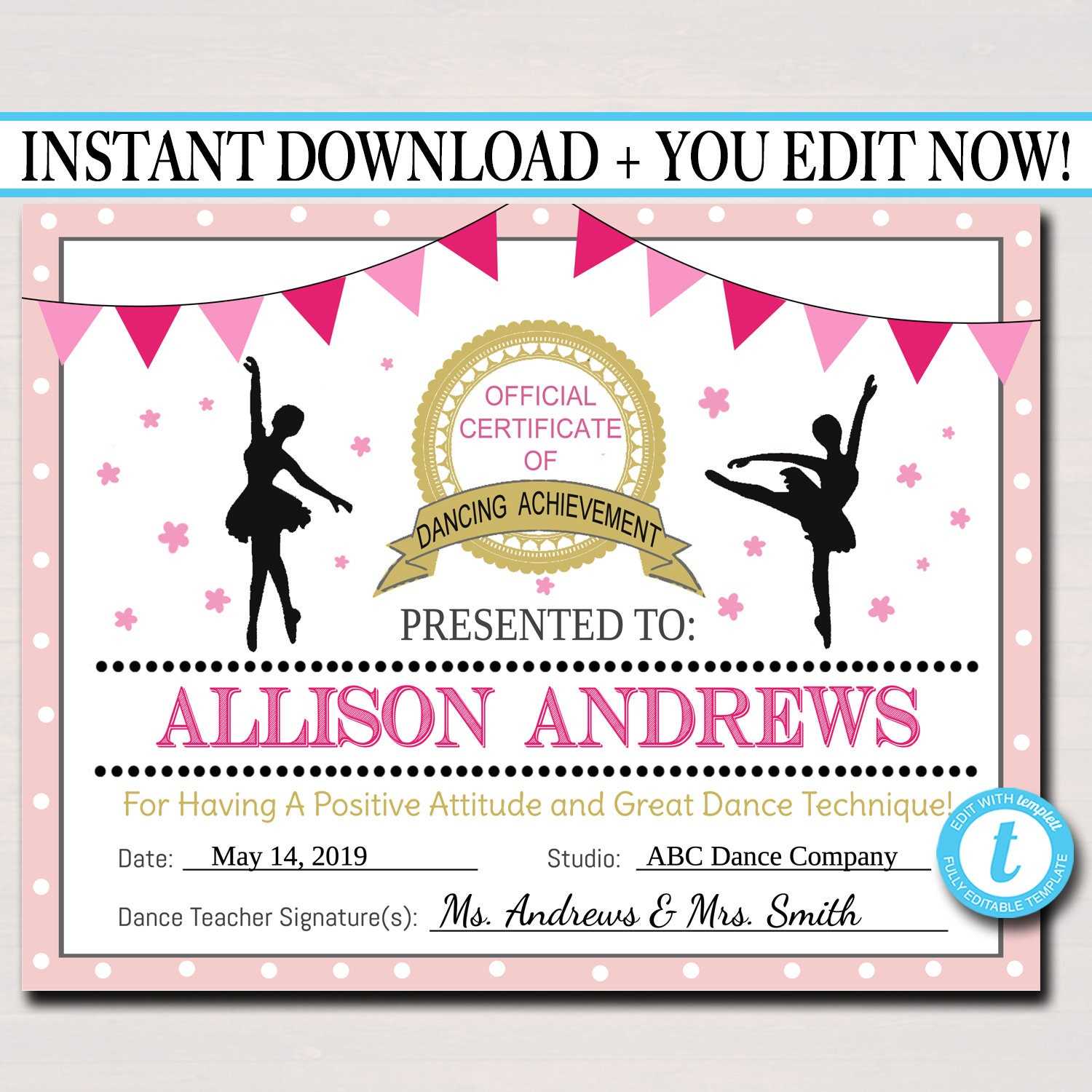 EDITABLE Dancer Certificate INSTANT DOWNLOAD Dancing Award - Etsy  With Regard To Dance Certificate Template