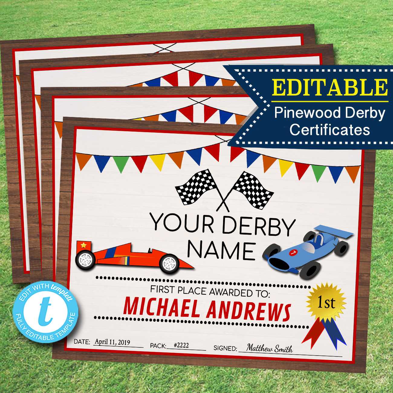 EDITABLE Derby Award Certificates INSTANT DOWNLOAD Boy Scouts  With Pinewood Derby Certificate Template