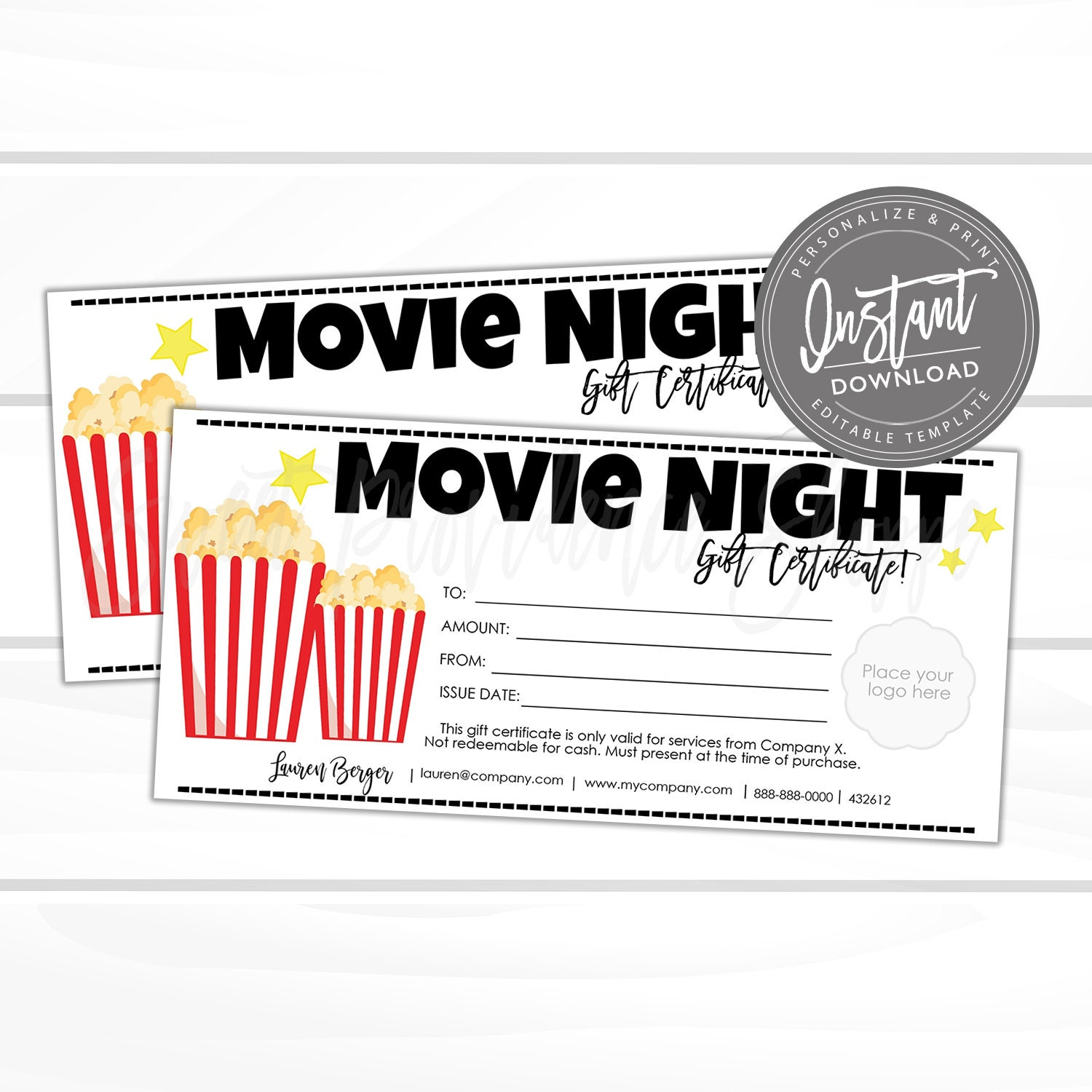 Editable Gift Certificate Movie Night Printable Gift - Etsy Throughout Movie Gift Certificate Template