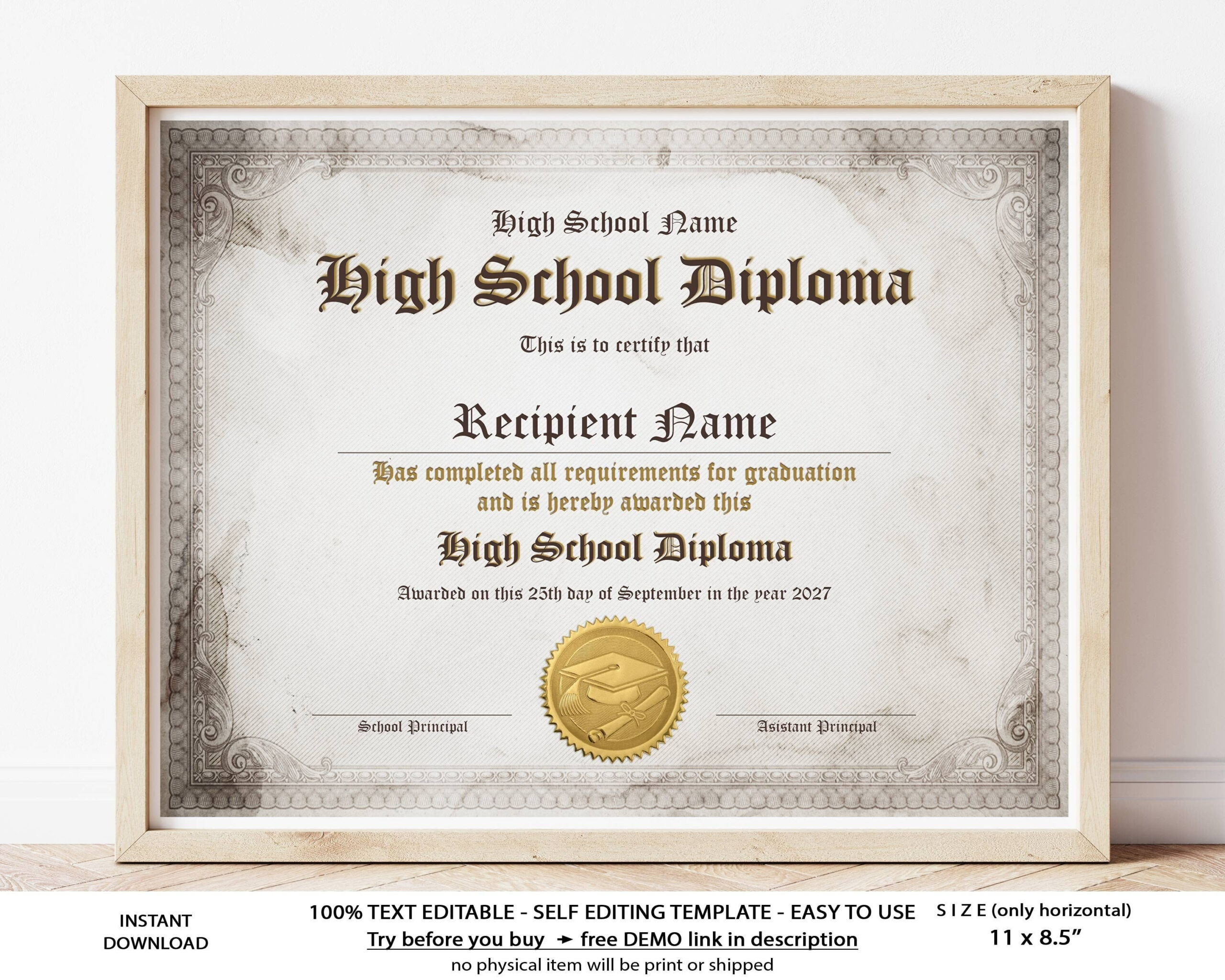 Editable Home School Diploma Template Printable High School - Etsy  Within Ged Certificate Template