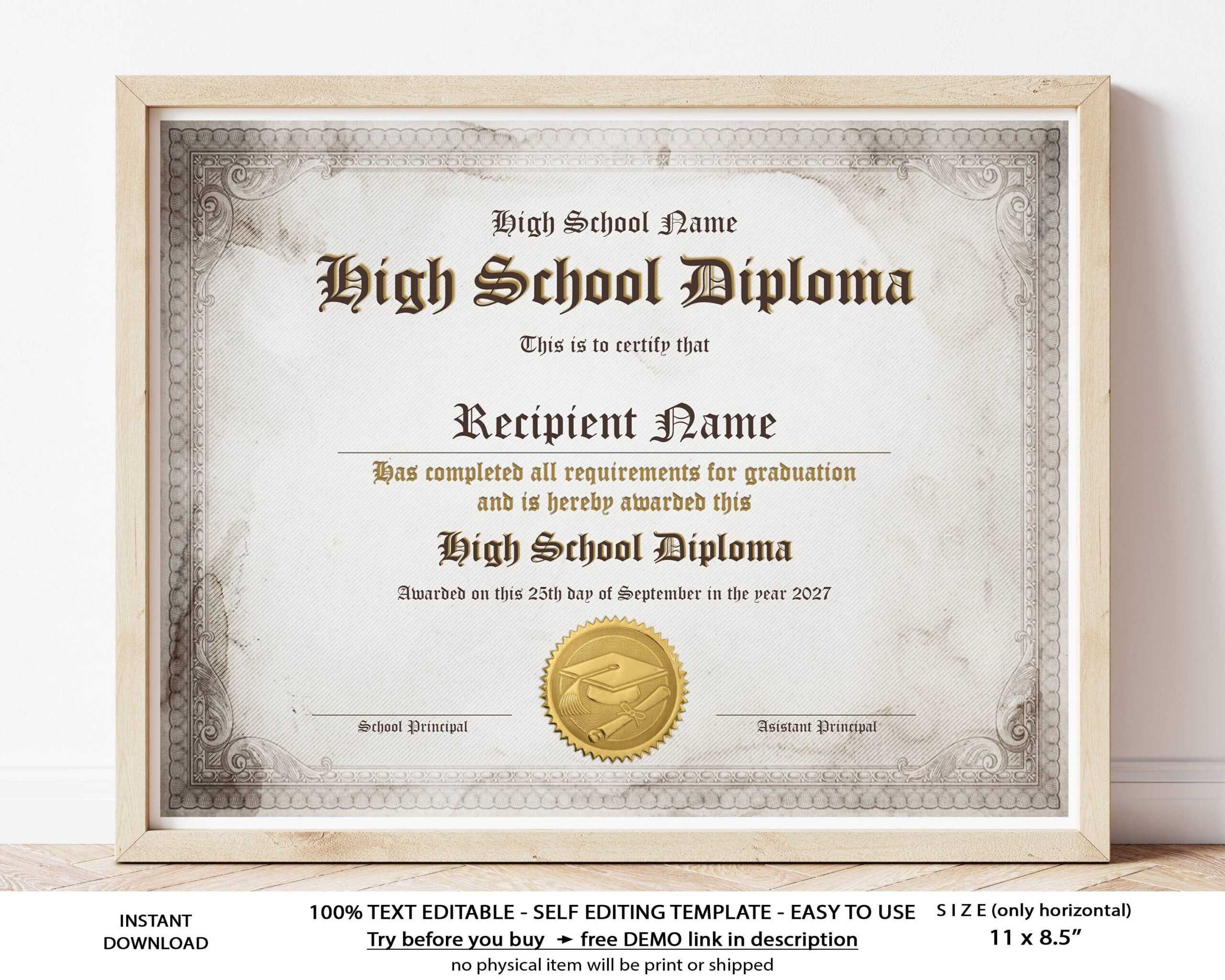 Editable Home School Diploma Template Printable High School – Etsy  Within Ged Certificate Template