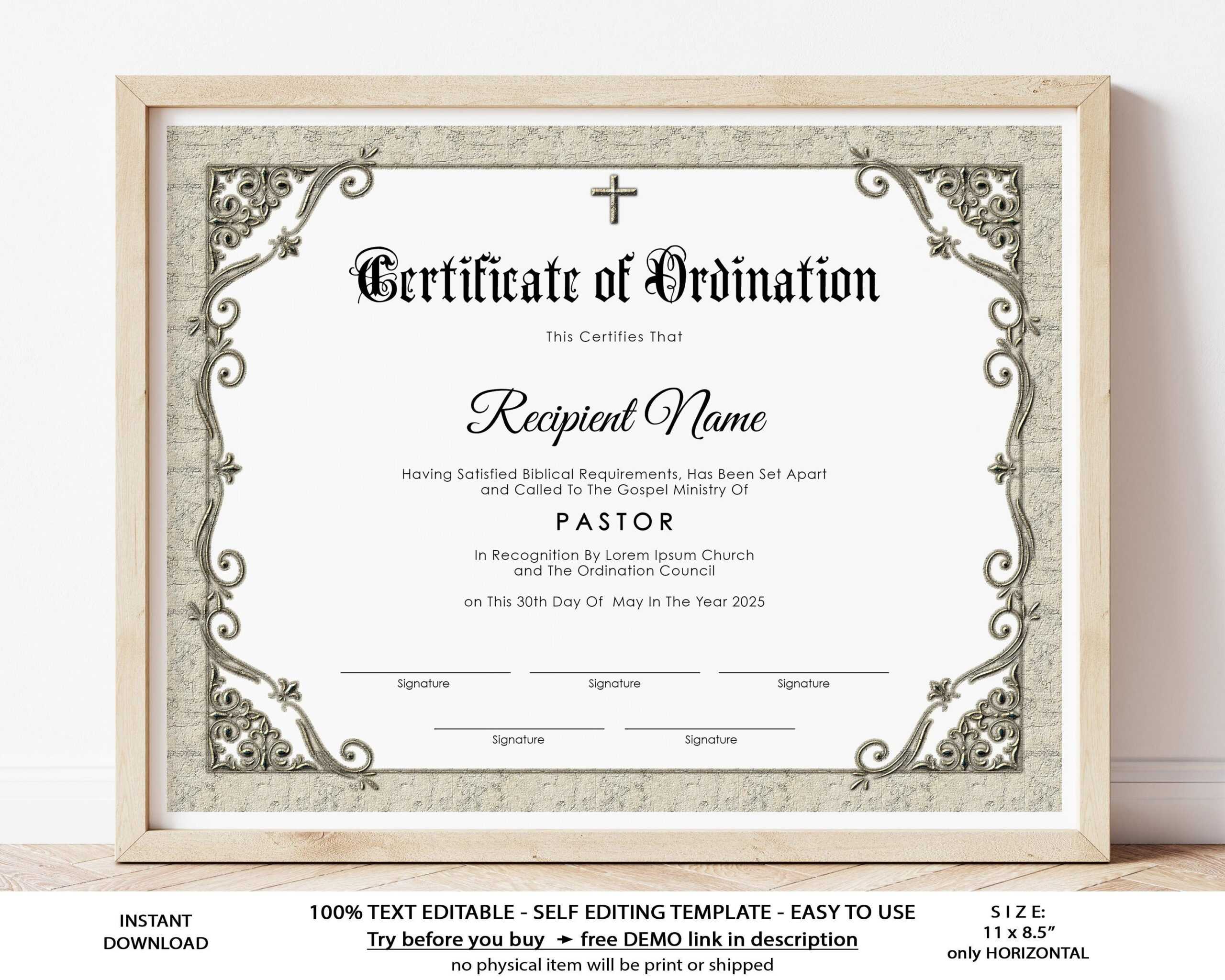 Editable Ordained Minister Certificate Template Printable – Etsy UK With Regard To Ordination Certificate Templates