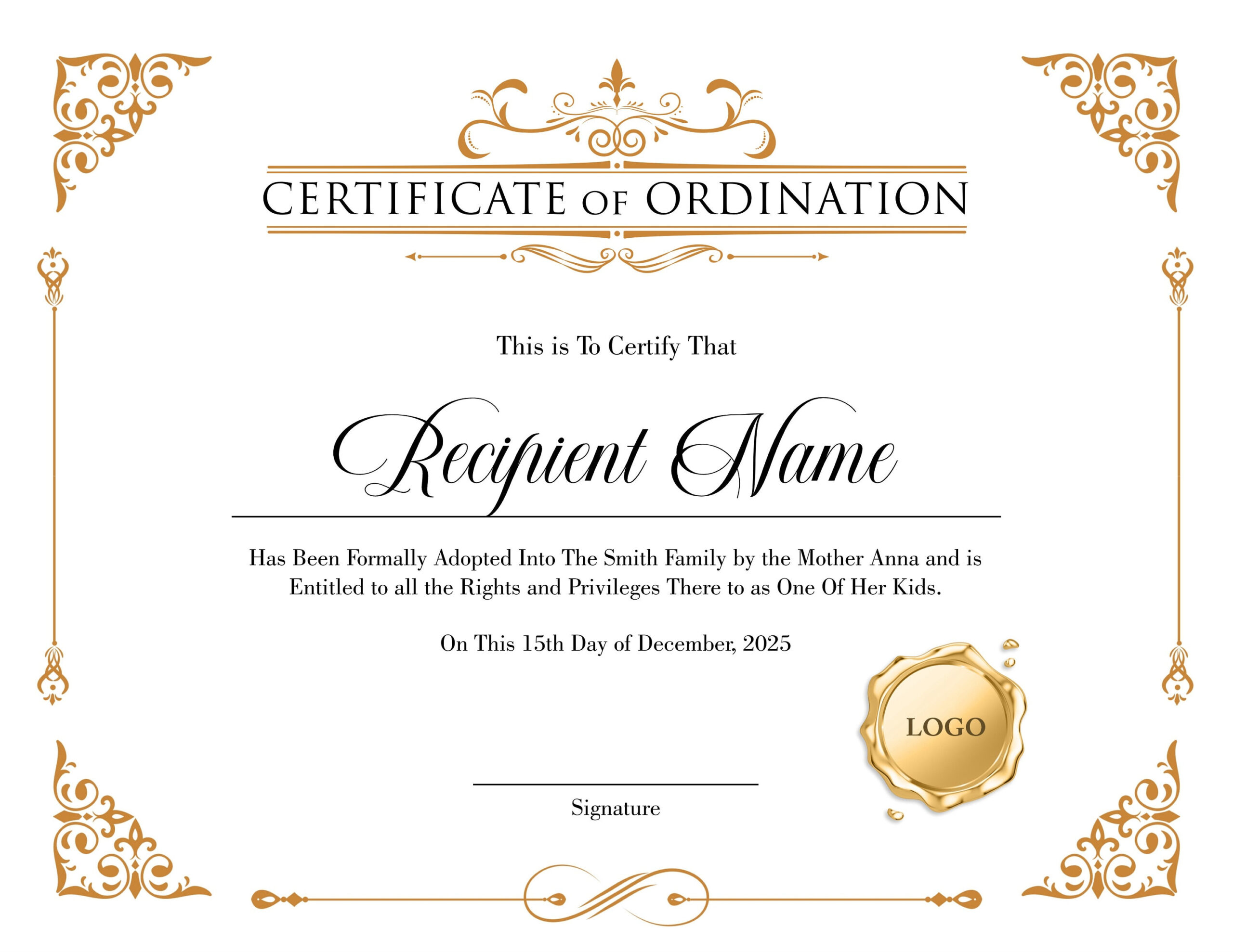 Editable Ordained Minister Certificate Template