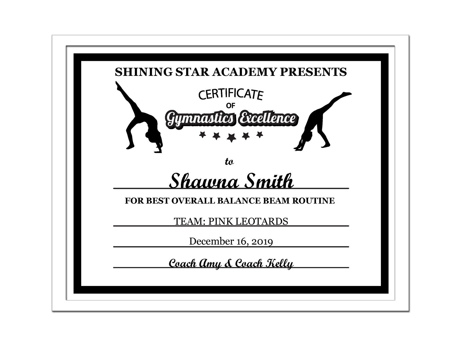 Editable PDF Sports Team Gymnastics Certificate Award Template in black  Letter Size Instant Download pdf & blank jpg SC-10-GYMNASTICS-blk Inside Gymnastics Certificate Template