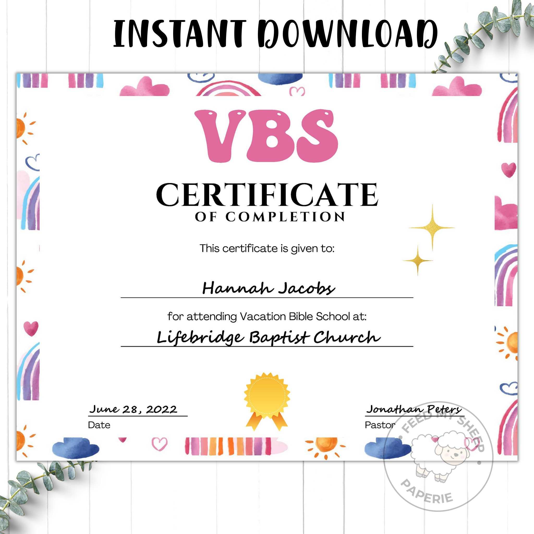 Editable Printable VBS Certificate VBS Vacation Bible School - Etsy Regarding Vbs Certificate Template