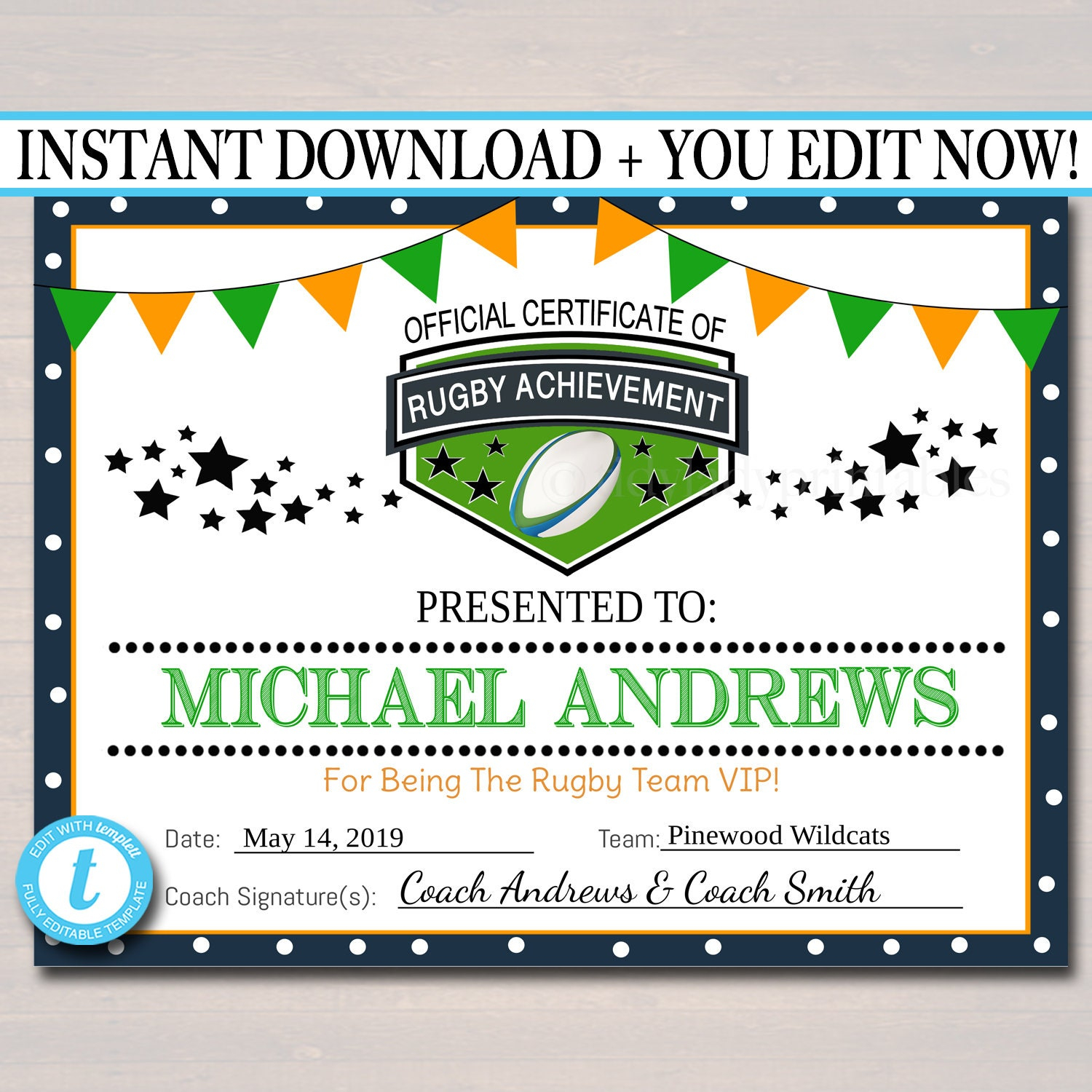 EDITABLE Rugby Award Certificates INSTANT DOWNLOAD Team Ruby  For Rugby League Certificate Templates