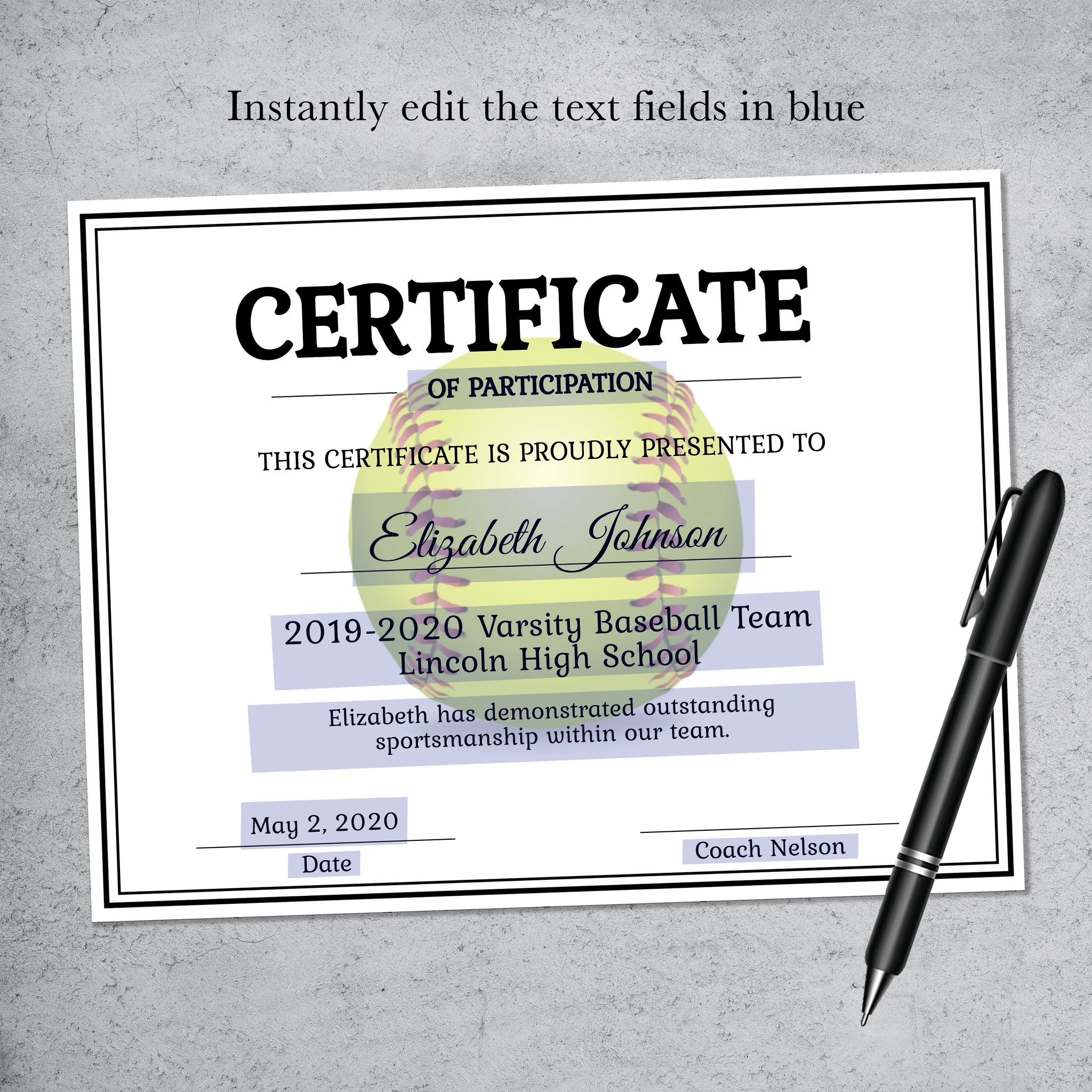 Editable Softball Certificate Template - LillyBellePaperie For Softball Award Certificate Template