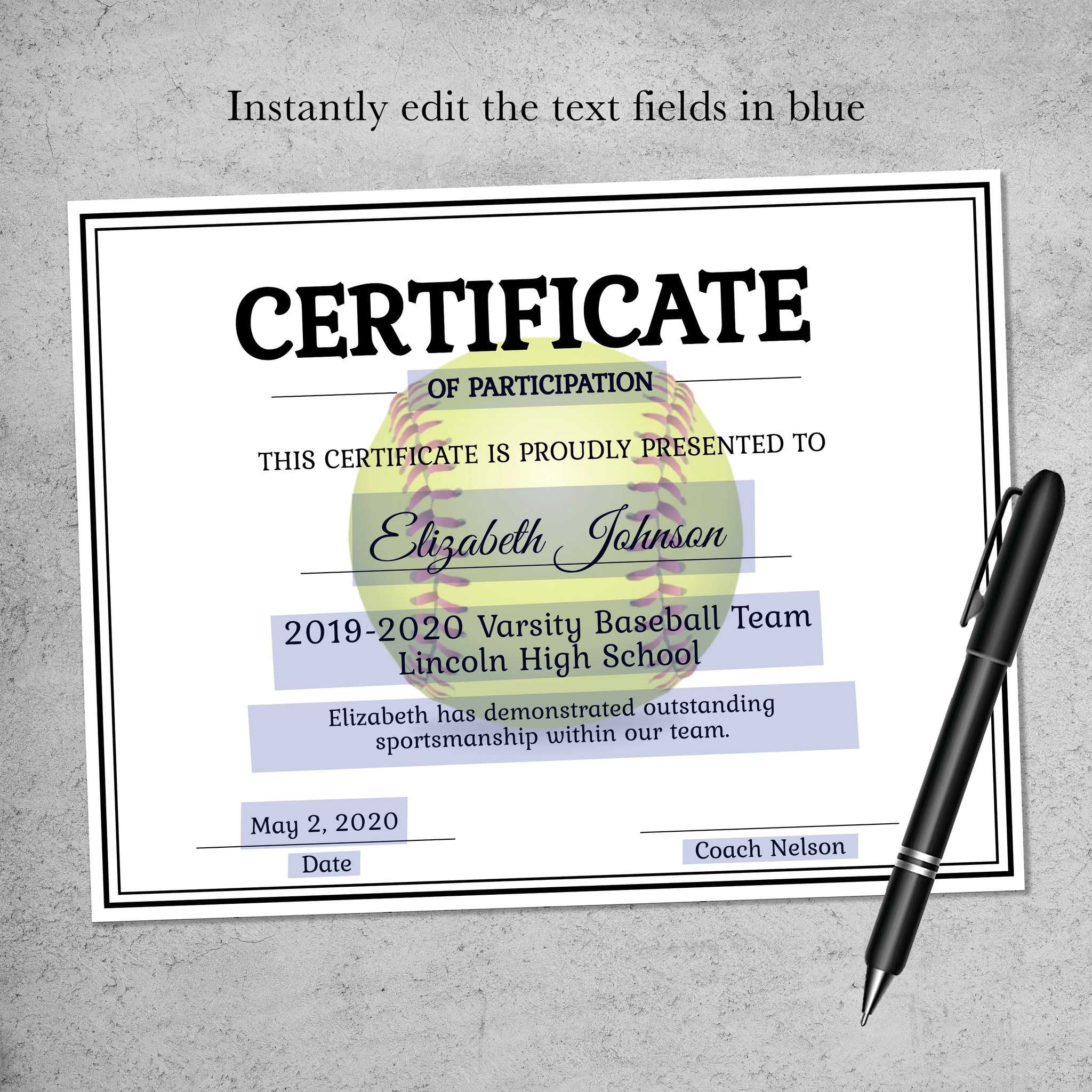 Editable Softball Certificate Template – LillyBellePaperie In Softball Certificate Templates