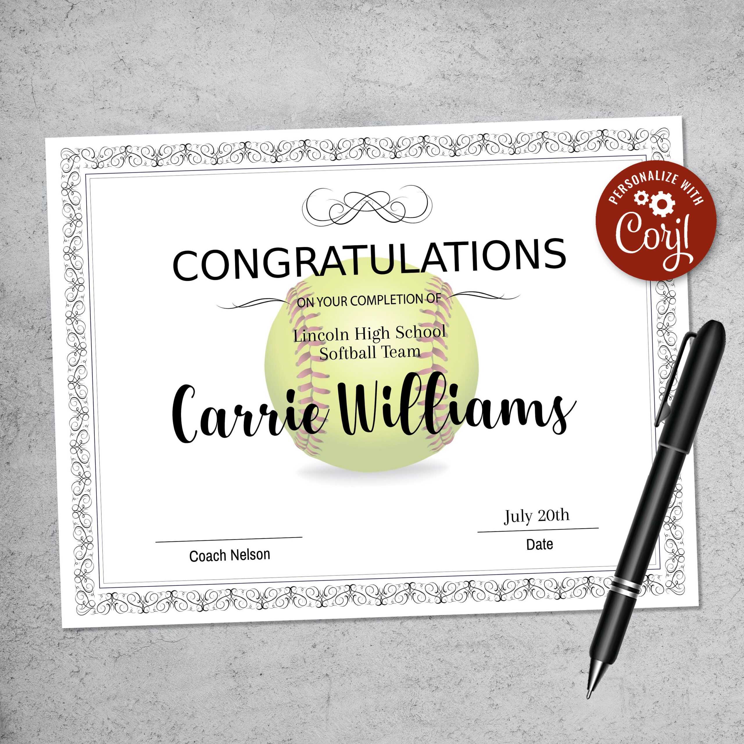 Editable Softball Certificate Template Printable Certificate - Etsy Inside Softball Certificate Templates Free