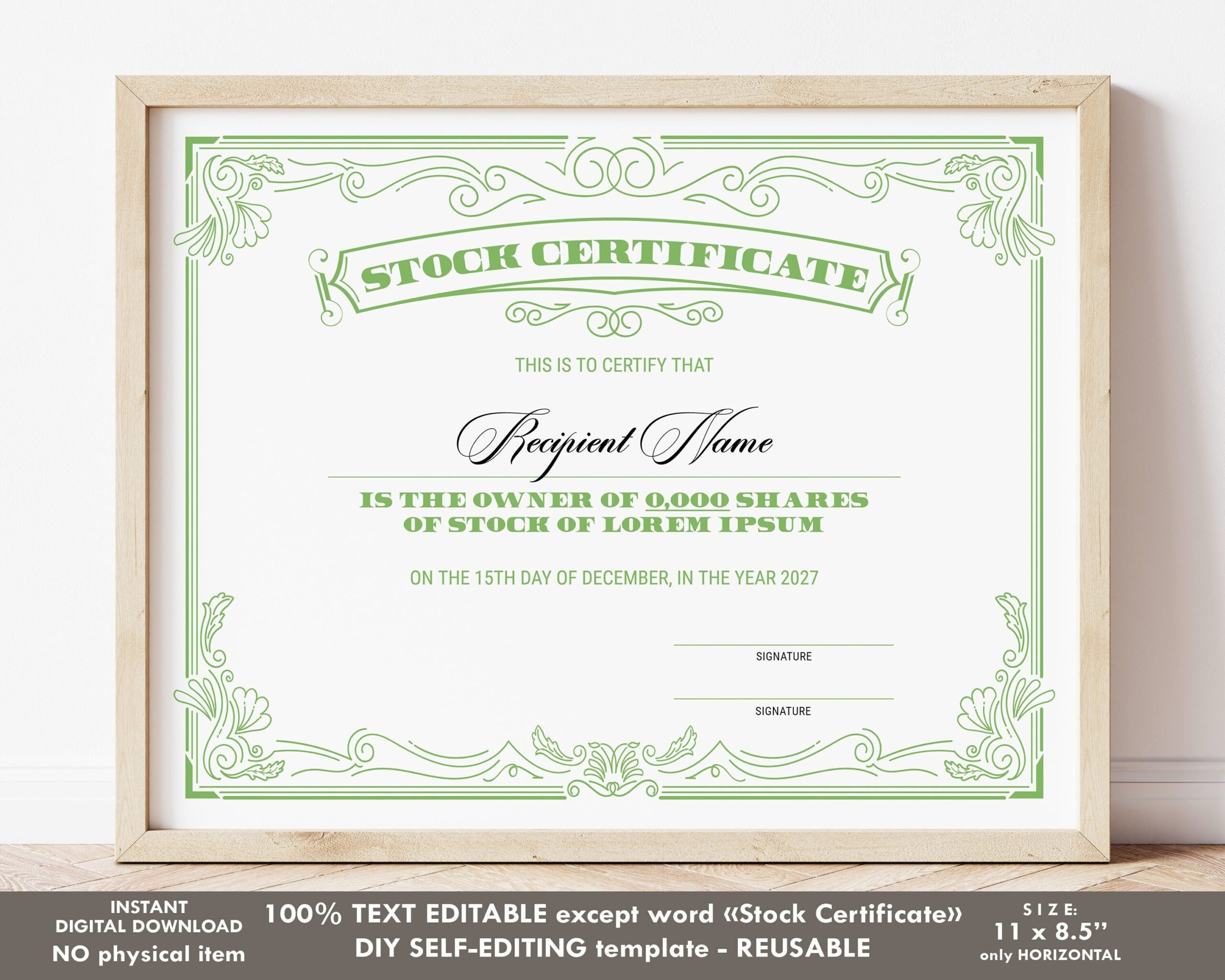 EDITABLE Stock Certificate Template Printable Certificate of - Etsy
