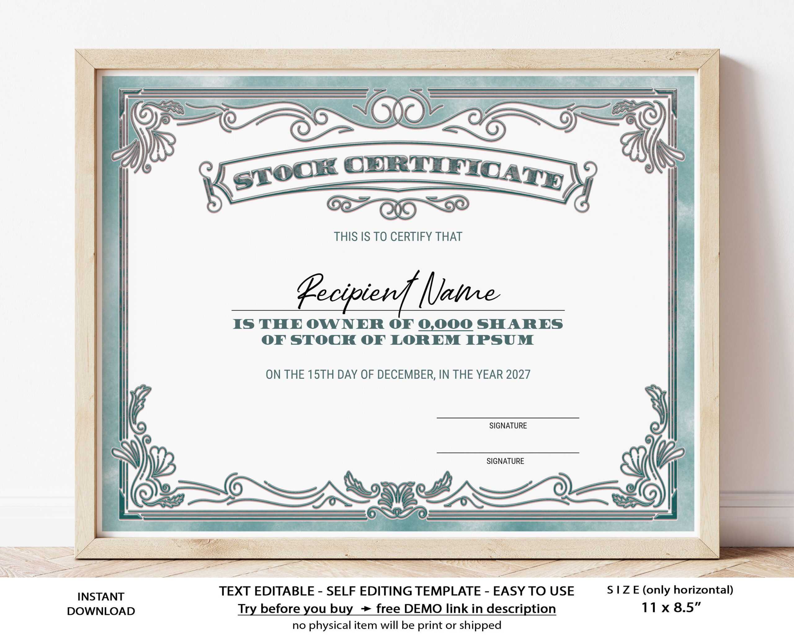 EDITABLE Stock Certificate Template Printable Certificate Of – Etsy  Throughout Template Of Share Certificate