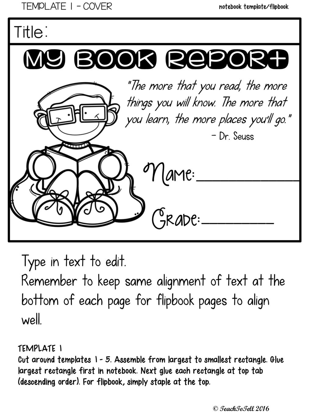 Editable Templates 10 COVER OPTIONS My Book Report Name: Grade  Regarding Book Report Template Grade 1