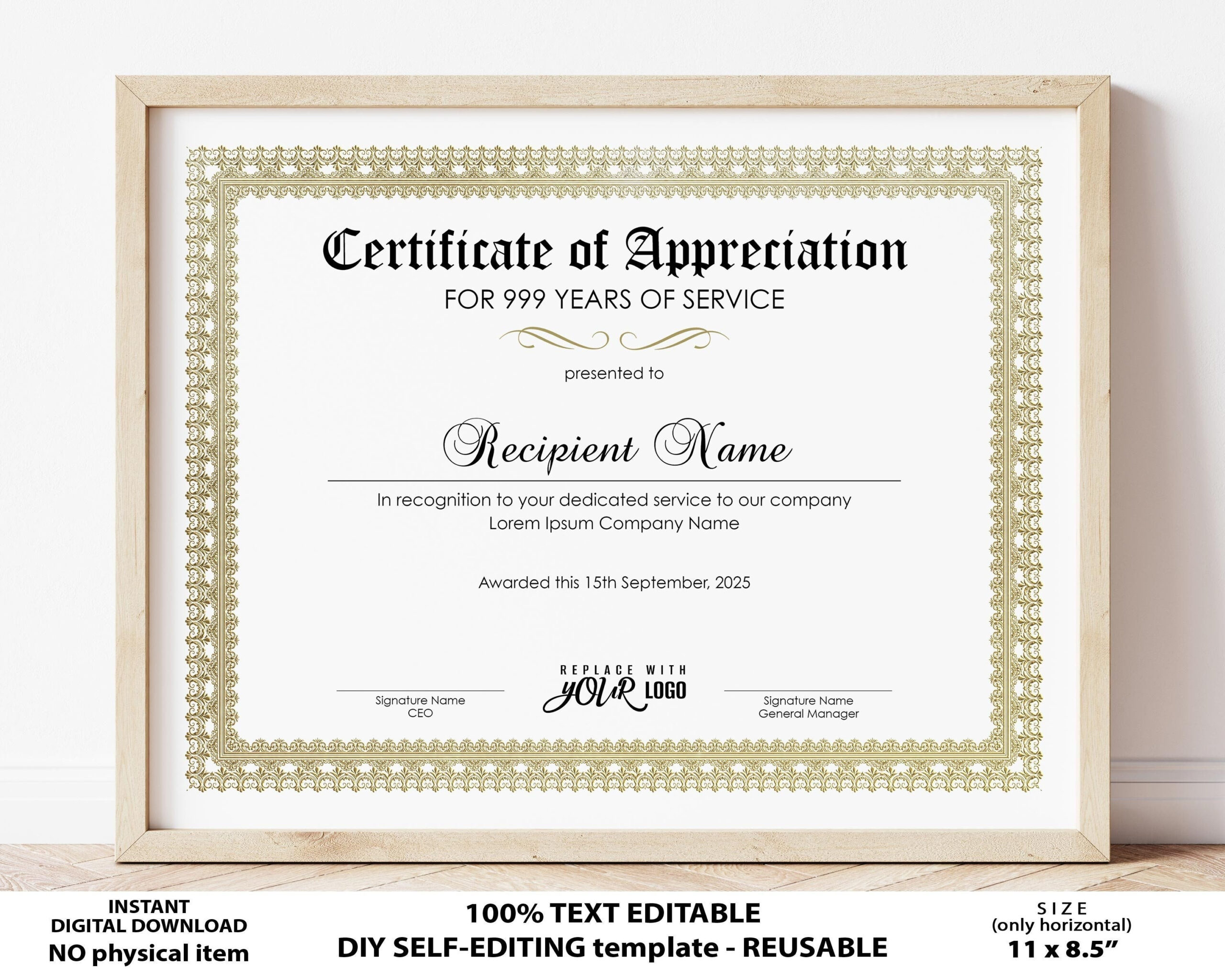 Editable Years of Service Certificate of Appreciation - Etsy