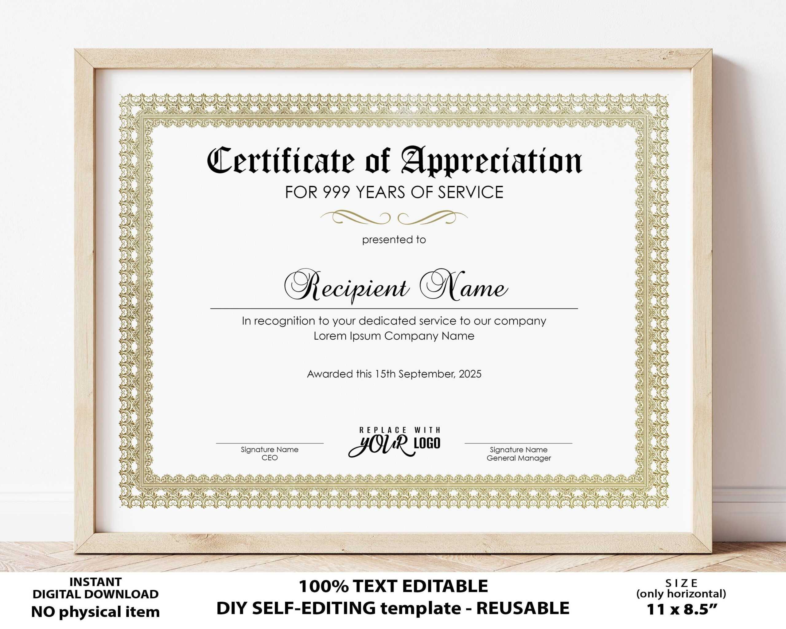 Editable Years Of Service Certificate Of Appreciation – Etsy