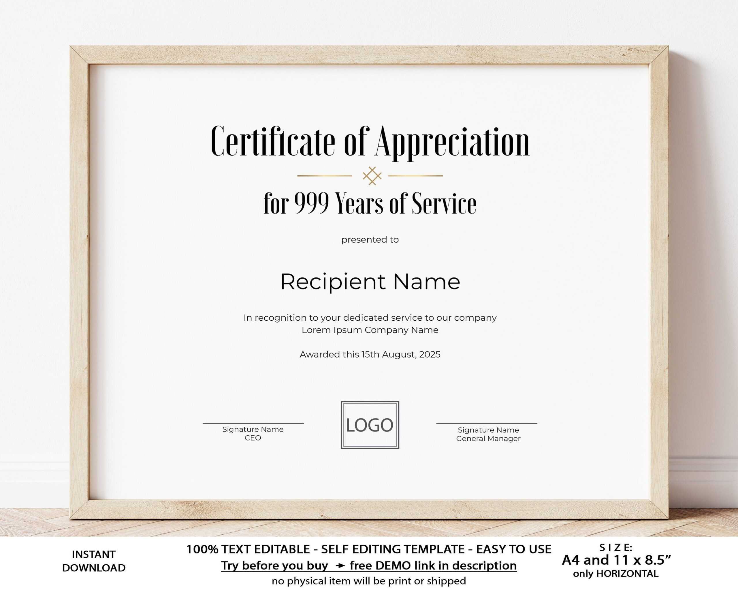 Editable Years Of Service Certificate Of Appreciation – Etsy