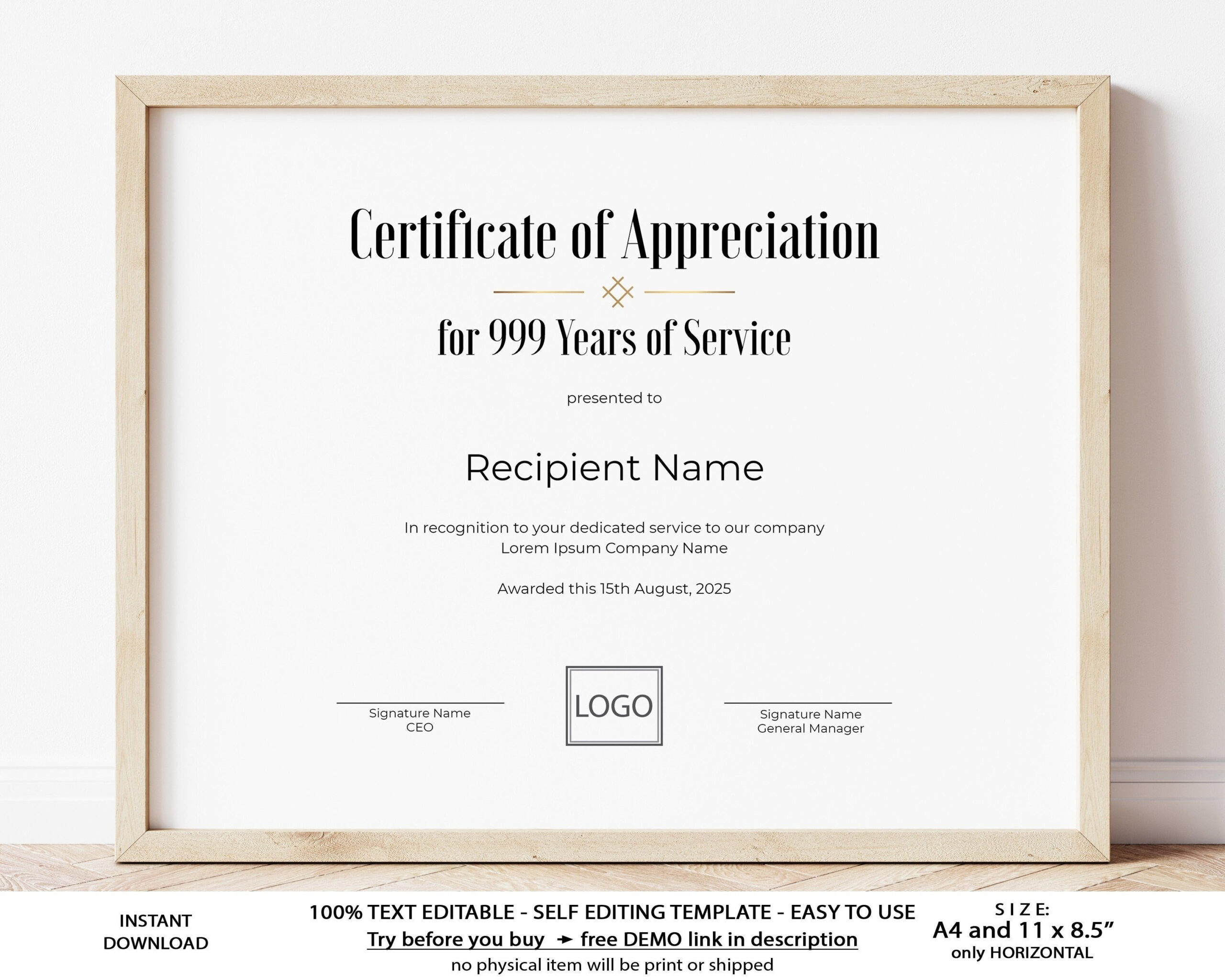 Editable Years of Service Certificate of Appreciation - Etsy Intended For Employee Anniversary Certificate Template