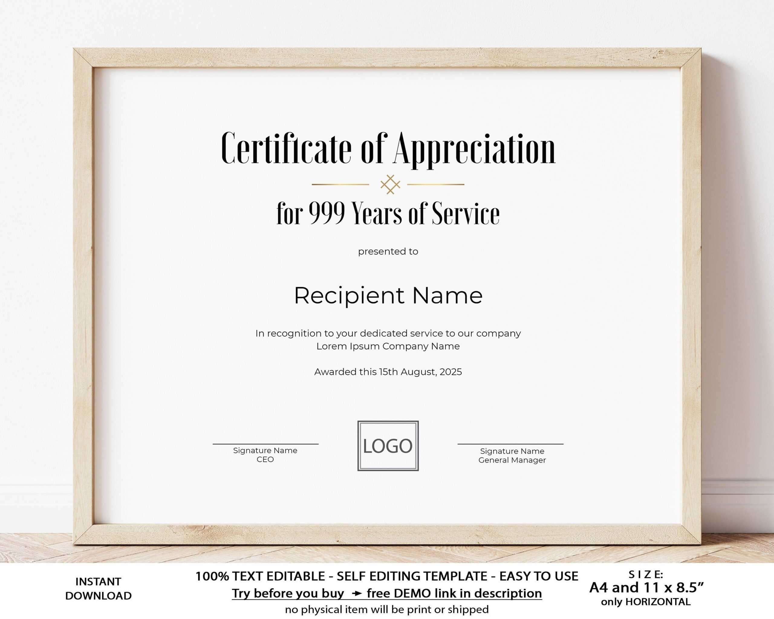 Editable Years Of Service Certificate Of Appreciation – Etsy Intended For Employee Anniversary Certificate Template