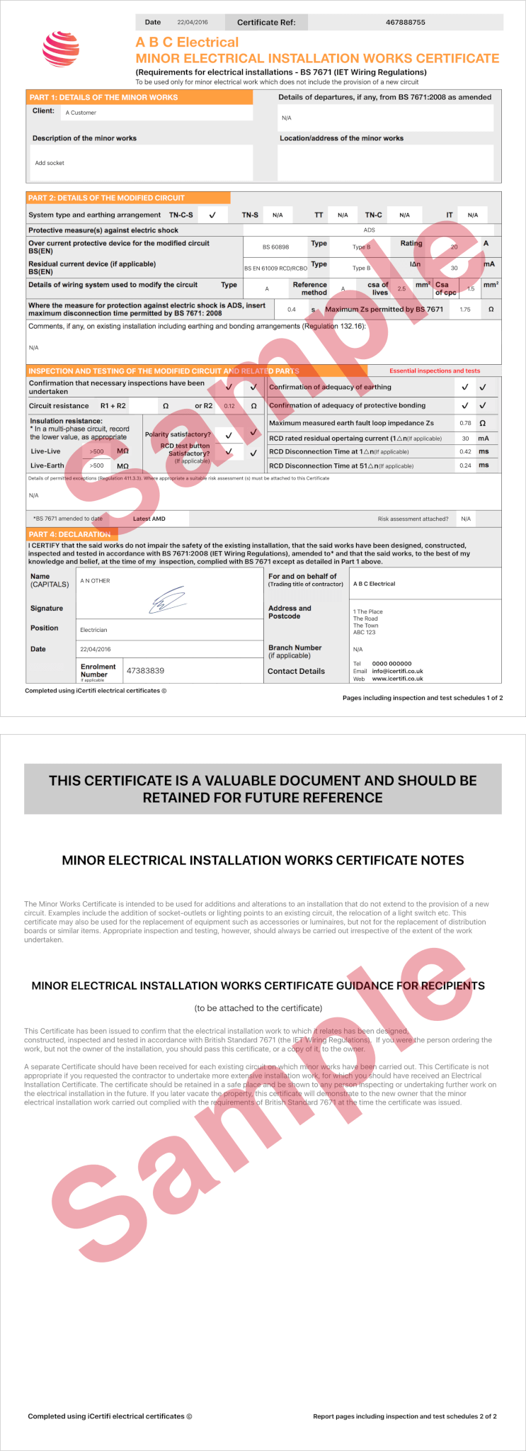 Electrical Certificate - Example Minor Works Certificate - iCertifi For Minor Electrical Installation Works Certificate Template