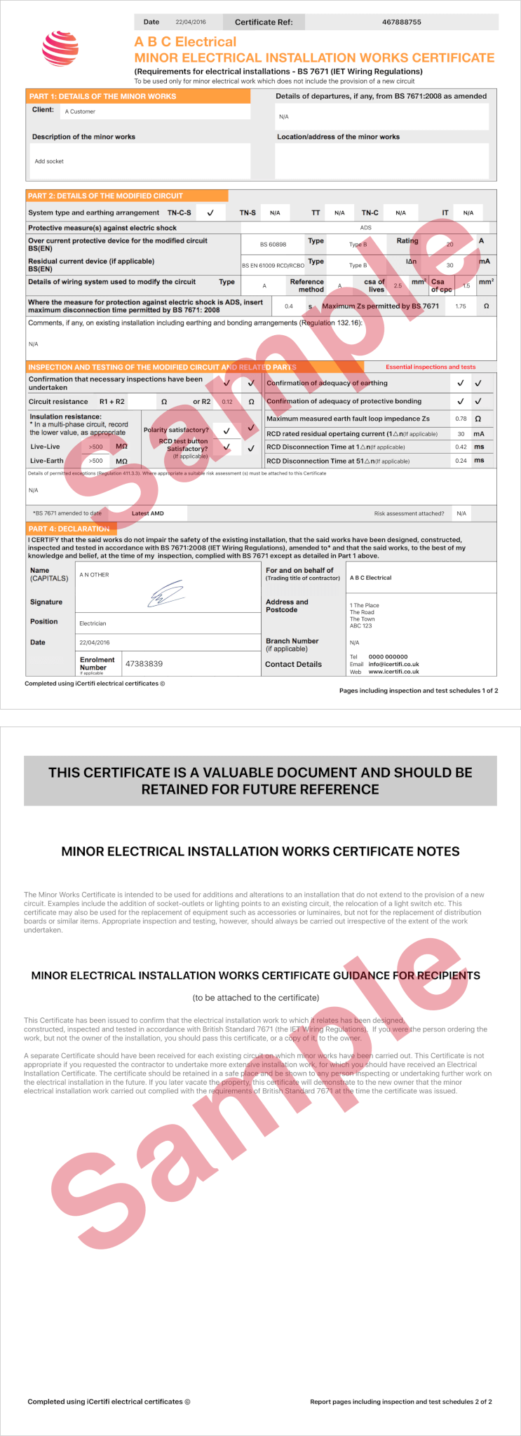 Electrical Certificate - Example Minor Works Certificate - iCertifi Regarding Electrical Minor Works Certificate Template Electrical Certificate - Example Minor Works Certificate - iCertifi Regarding Electrical Minor Works Certificate Template