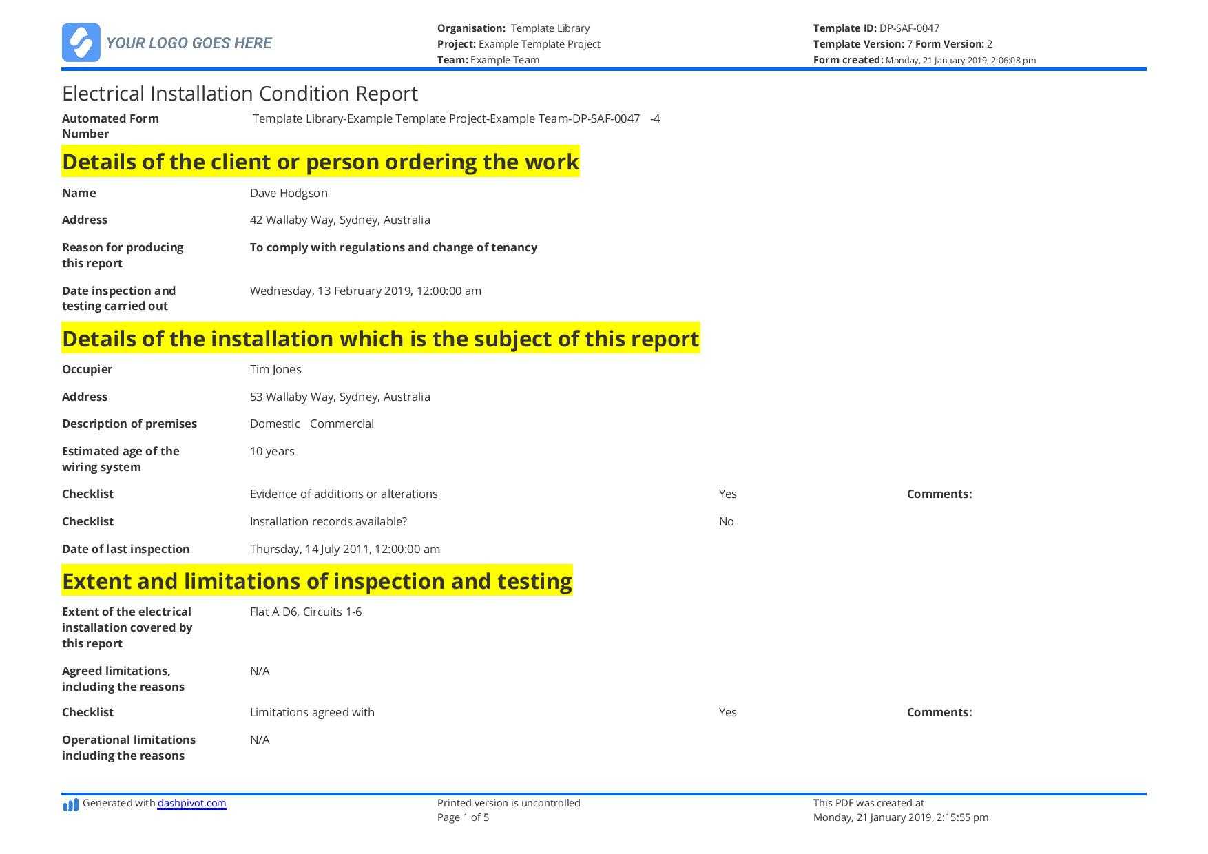 Electrical Installation Condition Report Sample And Free Template Throughout Equipment Fault Report Template