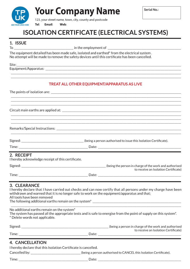 Electrical Isolation Certificate (EIC) Template For Print In Electrical Isolation Certificate Template