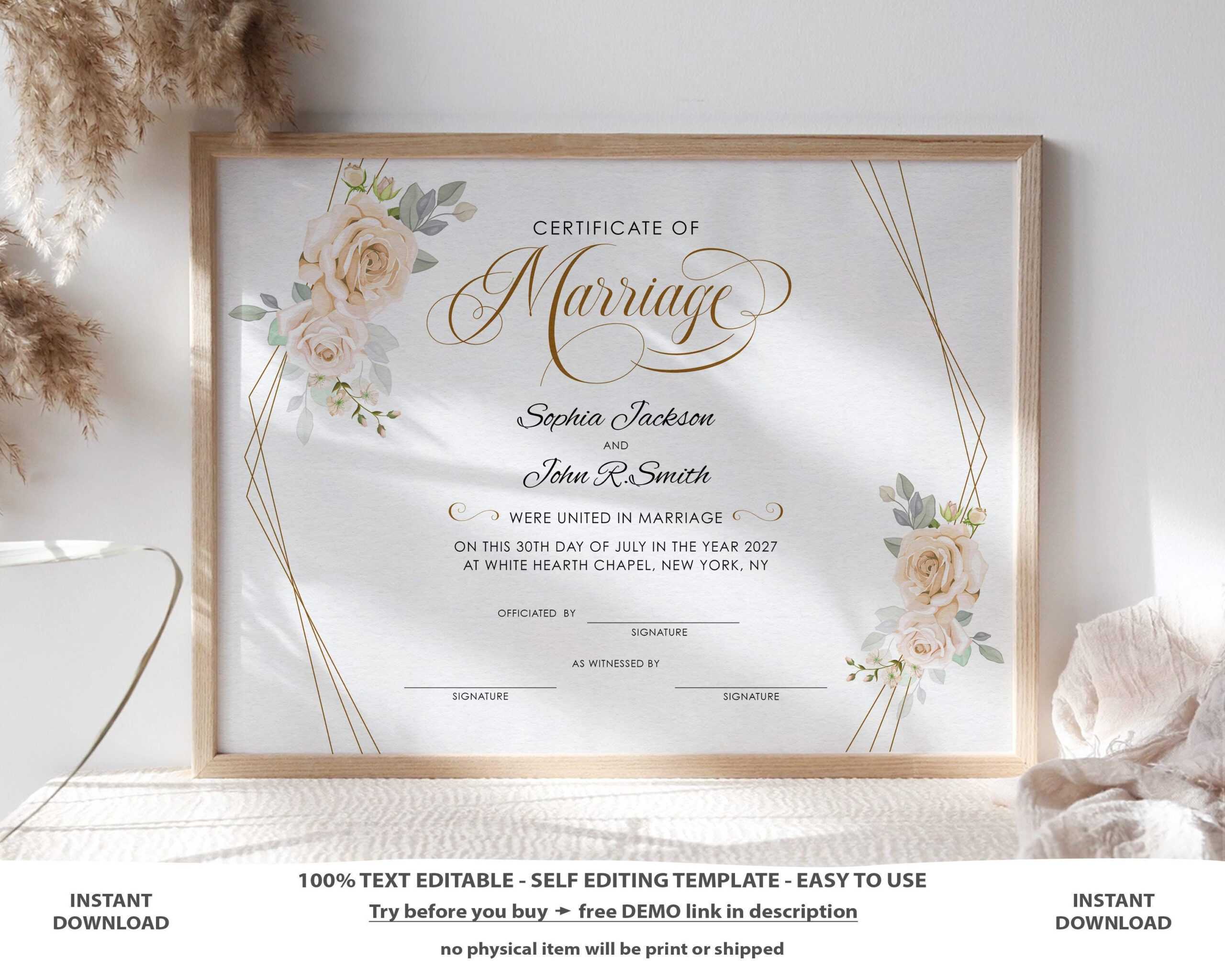 Elegant Wedding Certificate Template Printable Certificate Of  Intended For Certificate Of Marriage Template