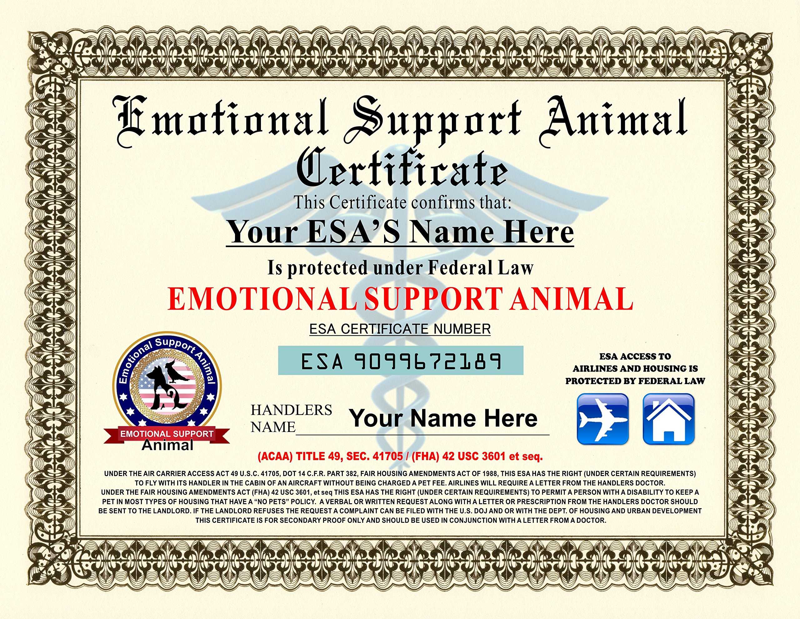 Emotional Support Animal Certificate – Customizable With Pets / Handlers  Name Regarding Service Dog Certificate Template