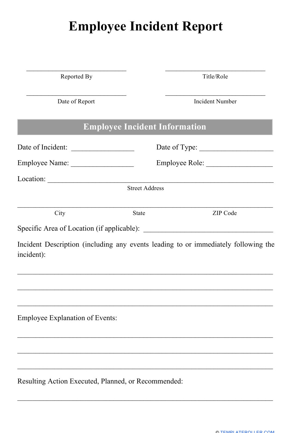 Employee Incident Report Form Download Printable PDF  Templateroller With Regard To Employee Incident Report Templates