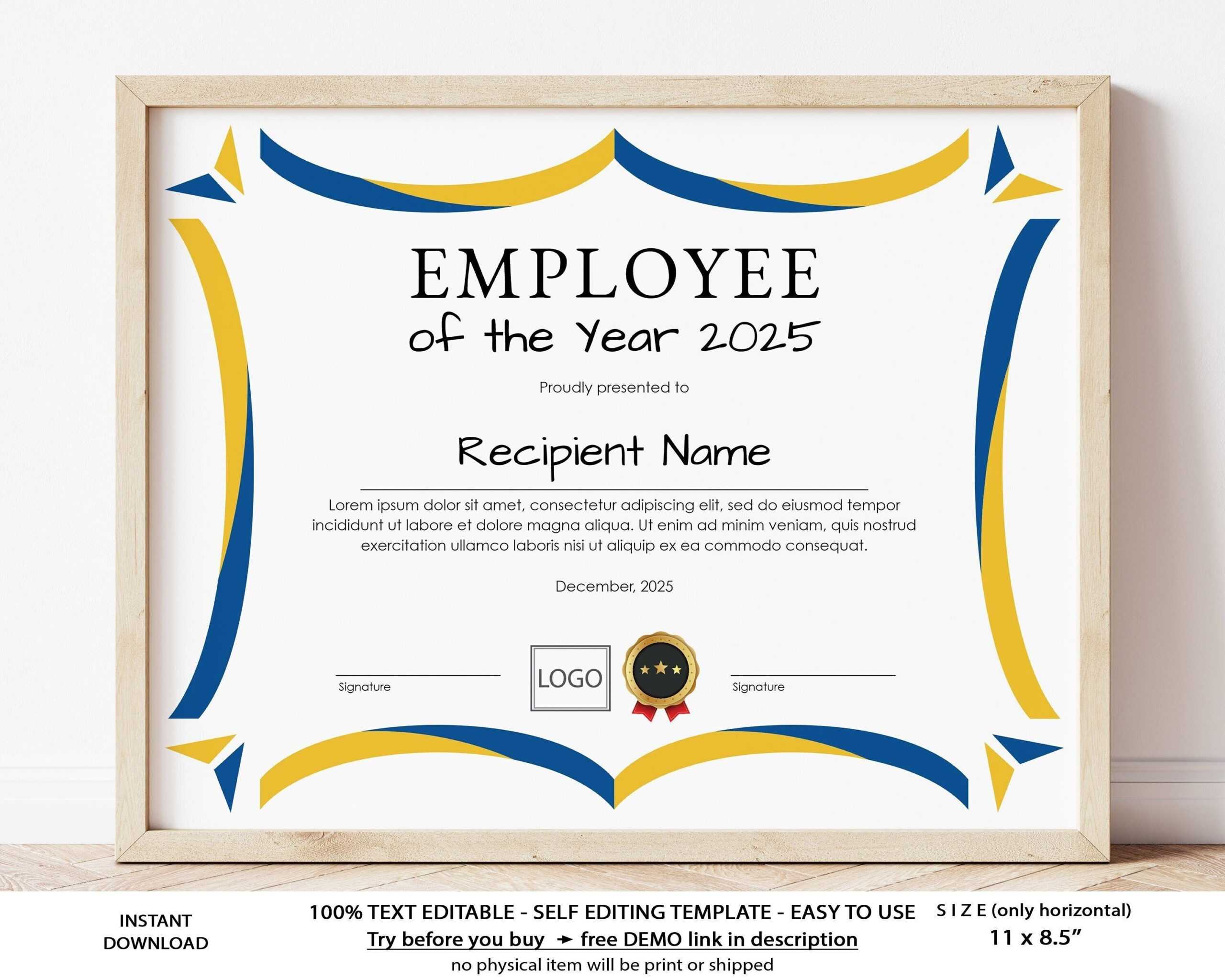 Employee of the Year Month Editable Printable Certificate - Etsy