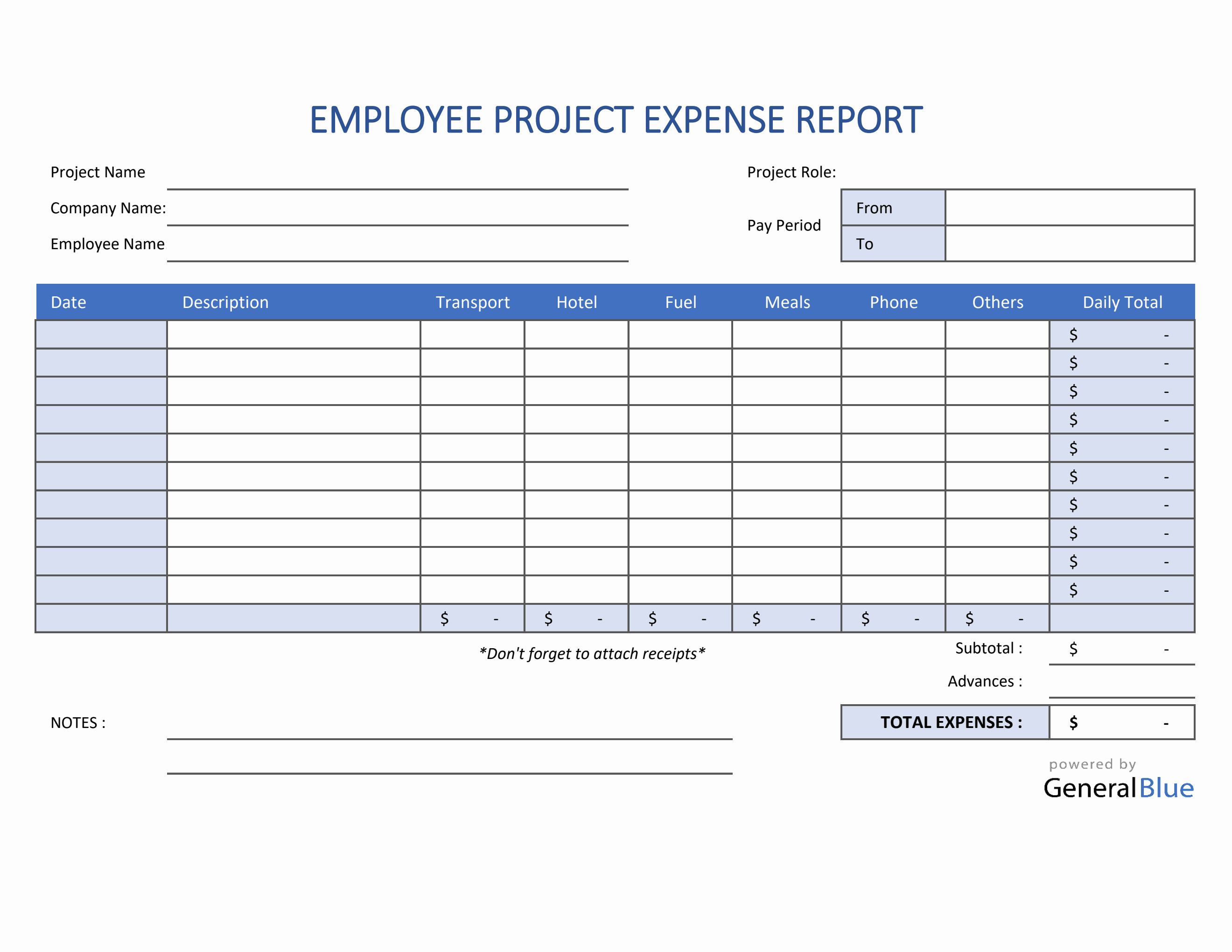 Employee Project Expense Report Template in Excel
