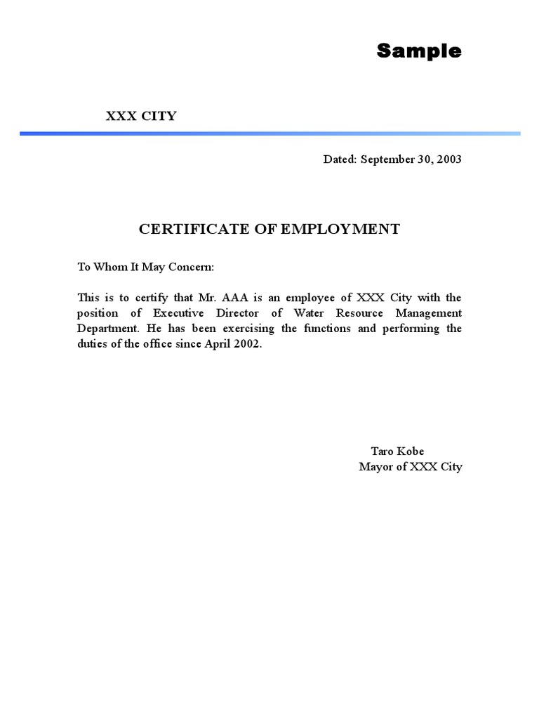 Employment Certificate Sample  PDF Throughout Template Of Certificate Of Employment