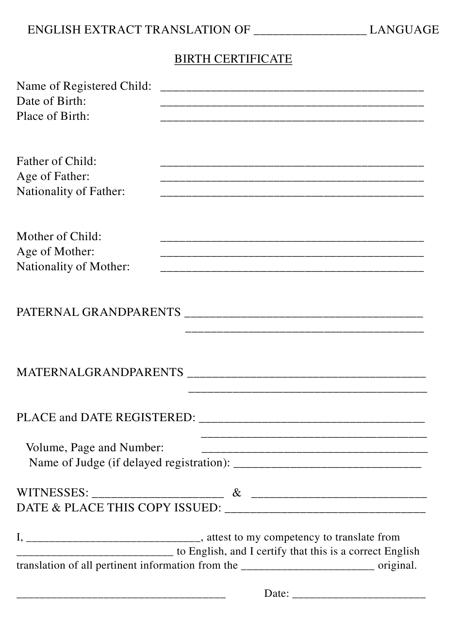 English Translation Form of Birth Certificate Download Fillable