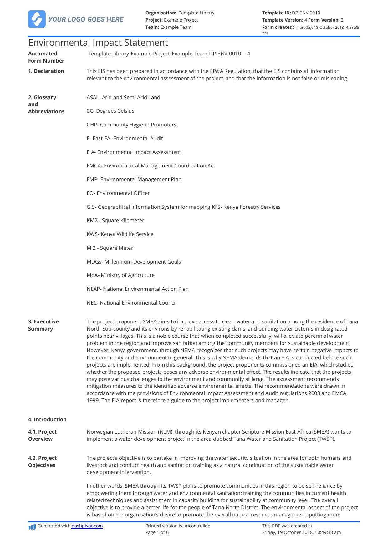 Environmental Impact Statement Example (Free and customisable) Throughout Environmental Impact Report Template