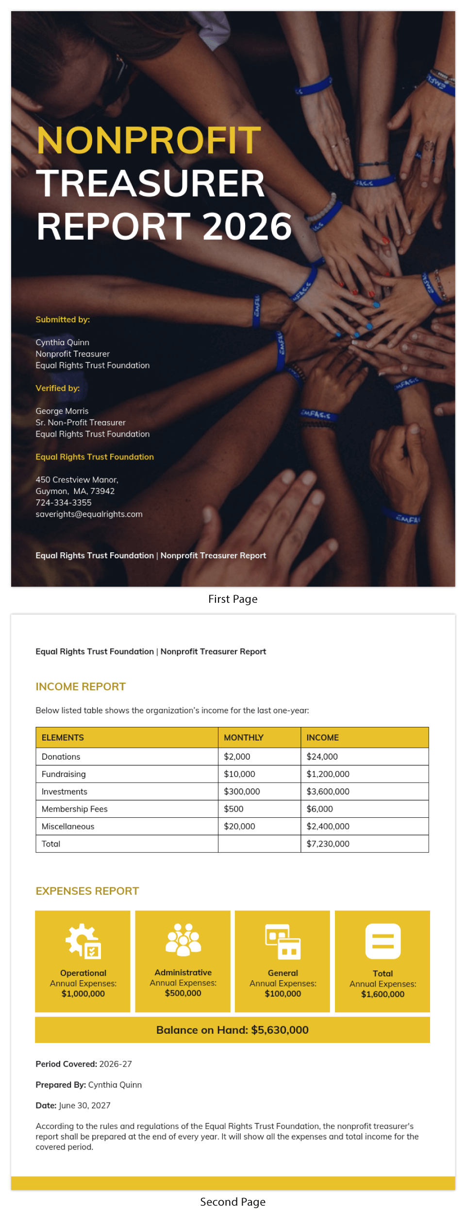 Equal Rights Nonprofit Treasurer Report Template Within Treasurer Report Template