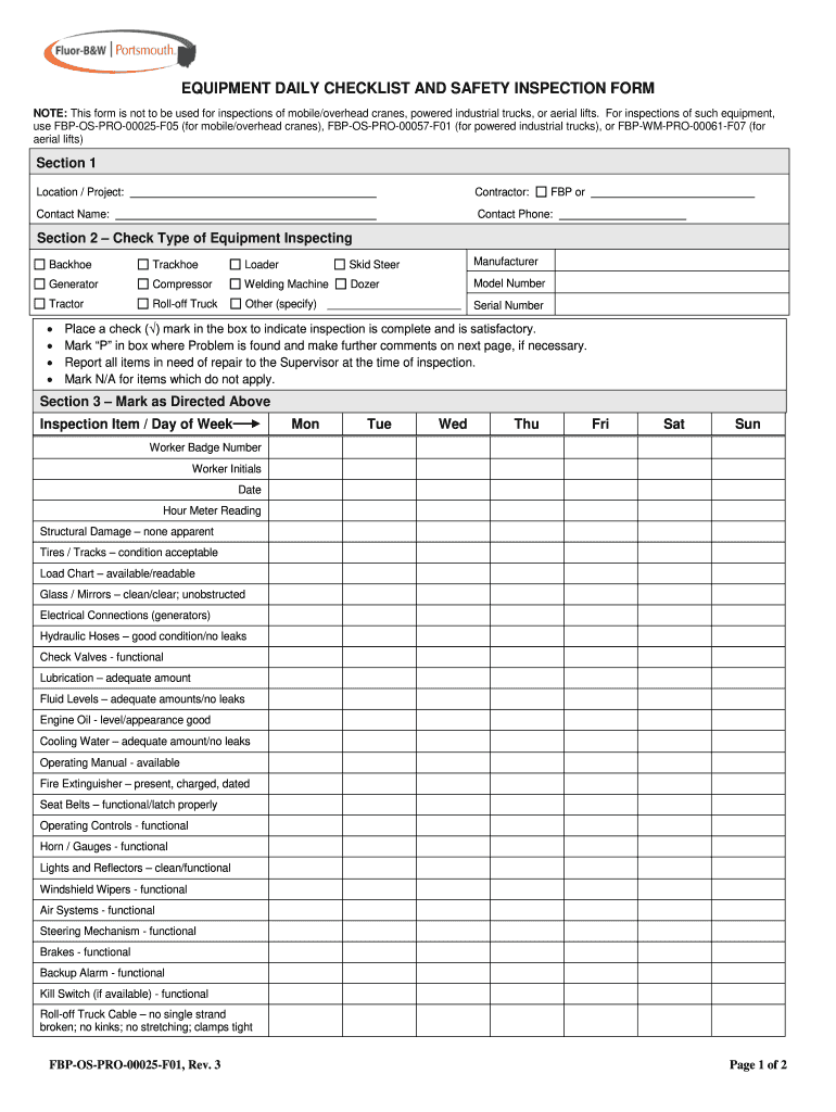 Equipment Check List With Machine Shop Inspection Report Template