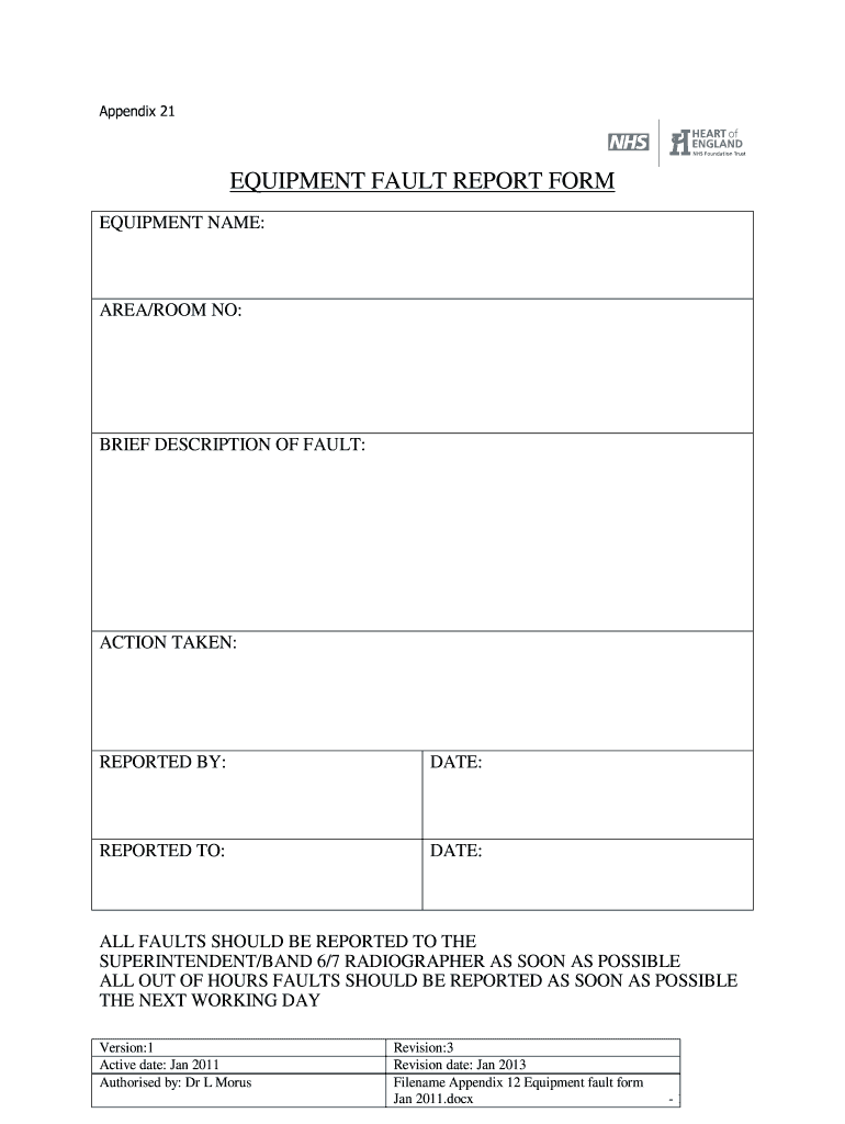 Equipment Fault Report Template