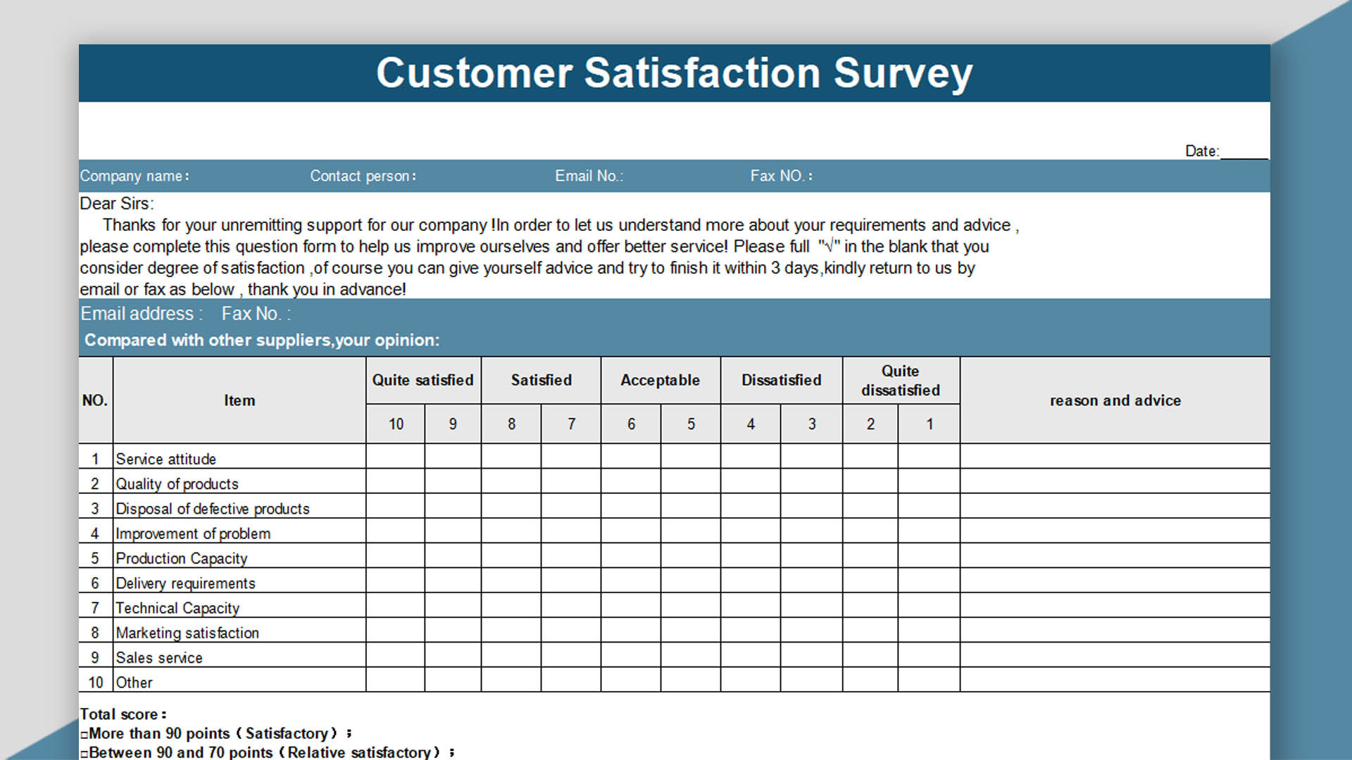 EXCEL of Customer Satisfaction Survey