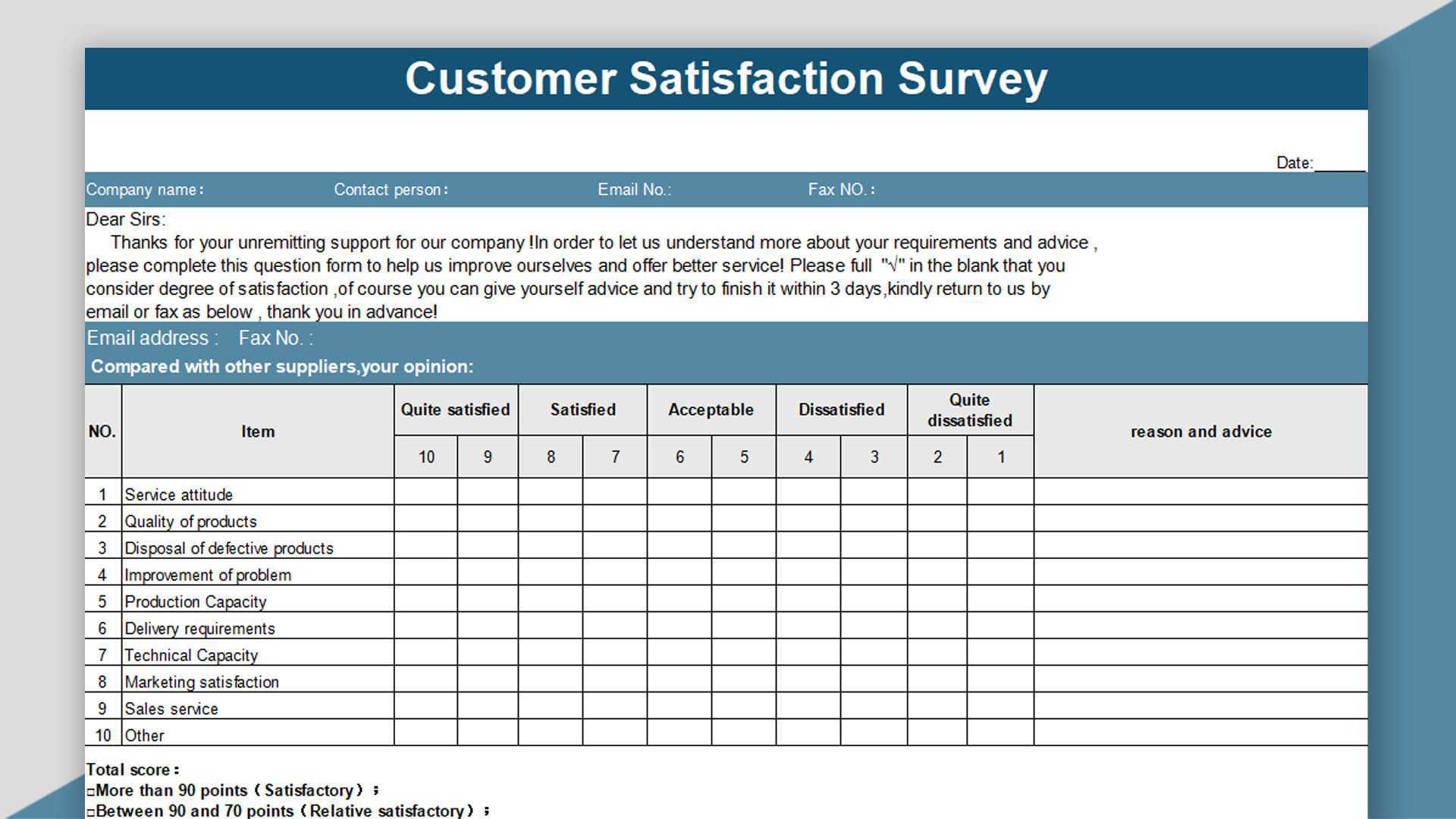 EXCEL Of Customer Satisfaction Survey