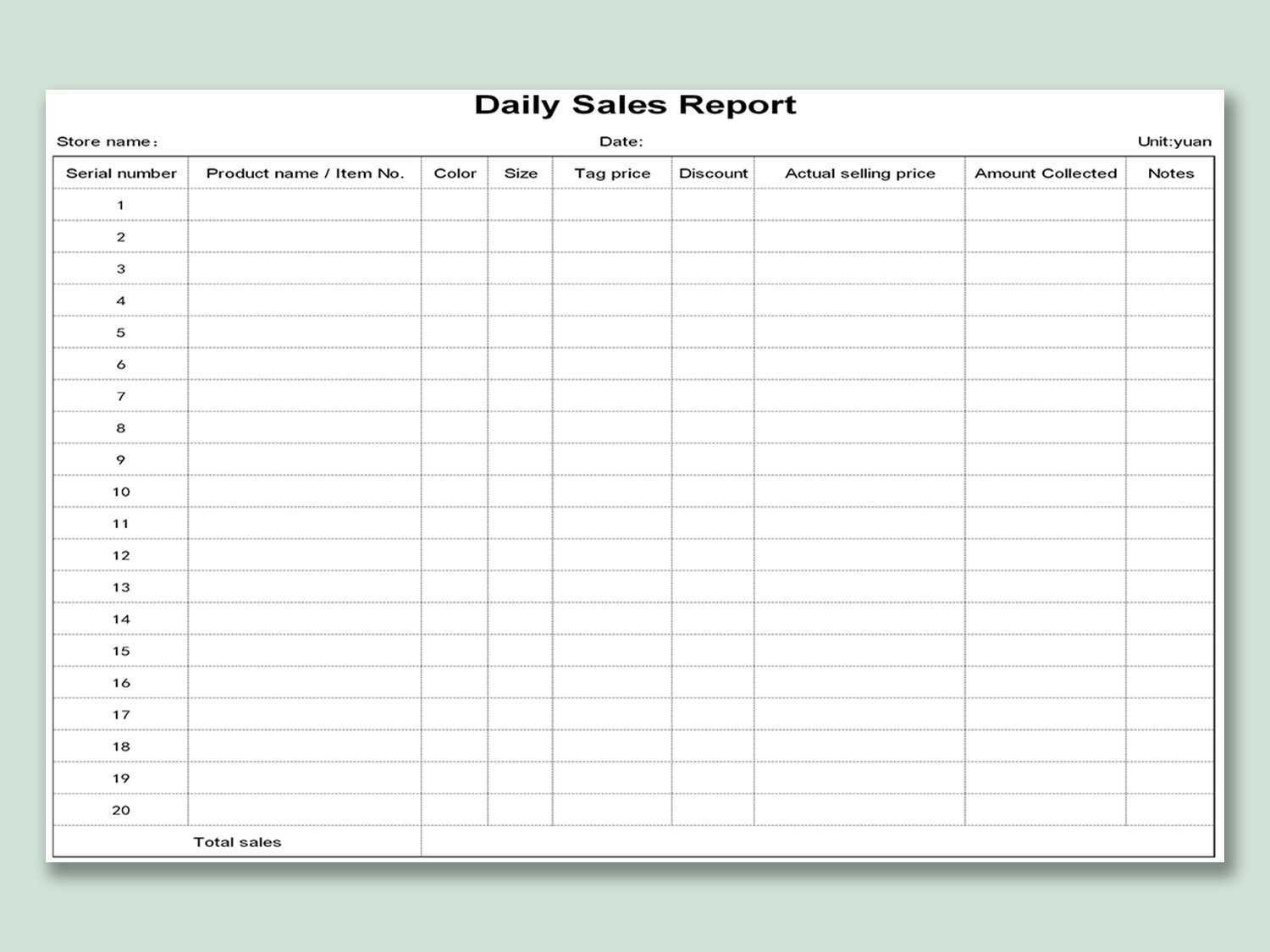 EXCEL Of Daily Sales Report