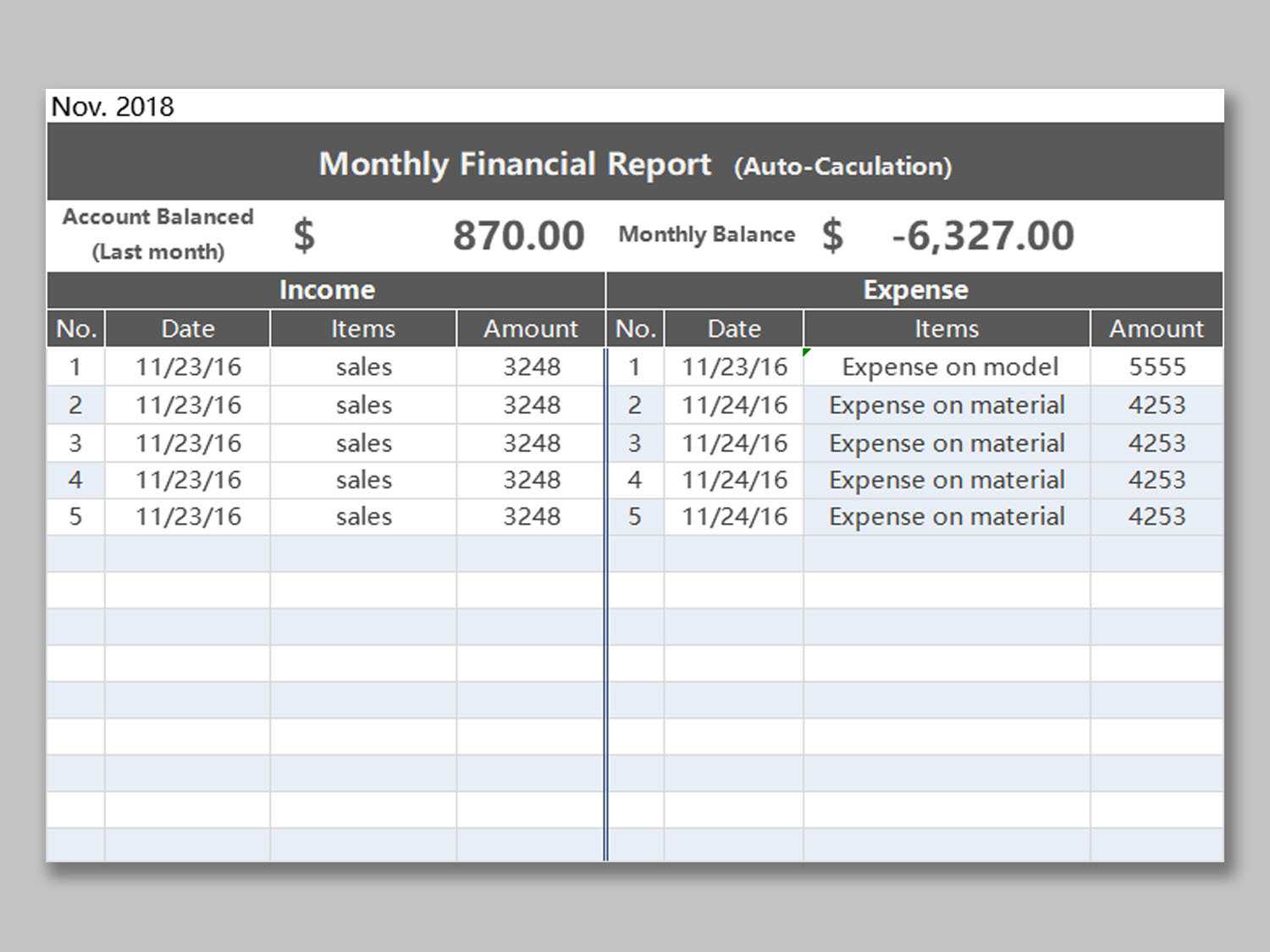 EXCEL of Monthly Financial Report