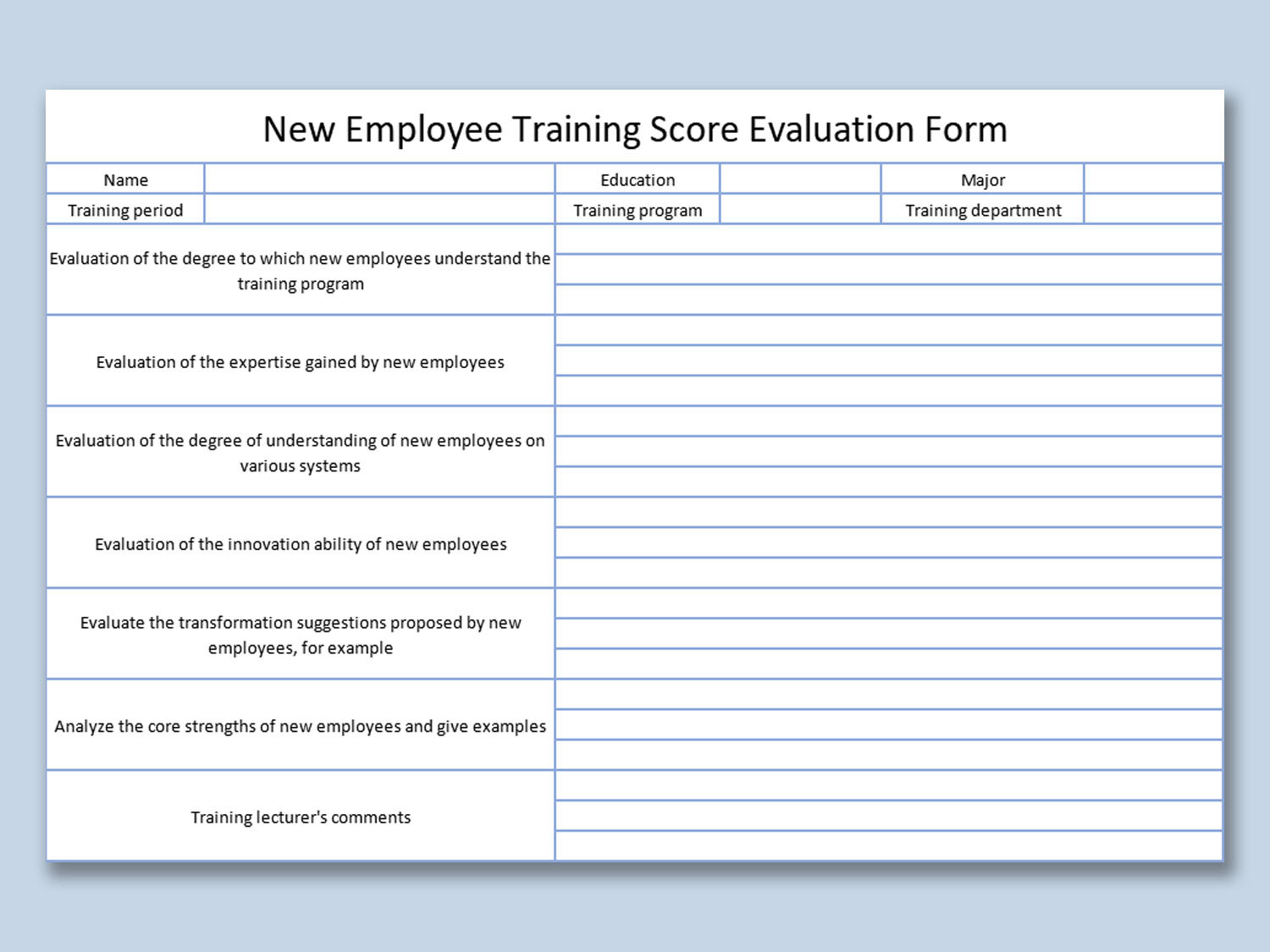 EXCEL of New Employee Training Score Evaluation Form