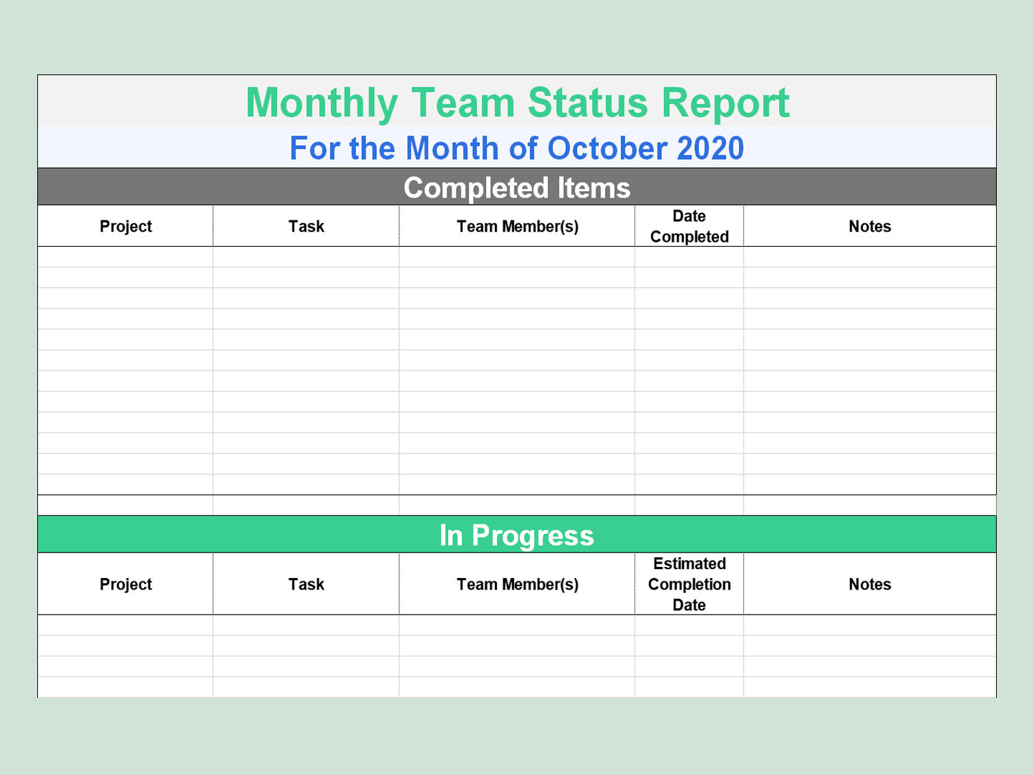 EXCEL of Simple Team Status Report