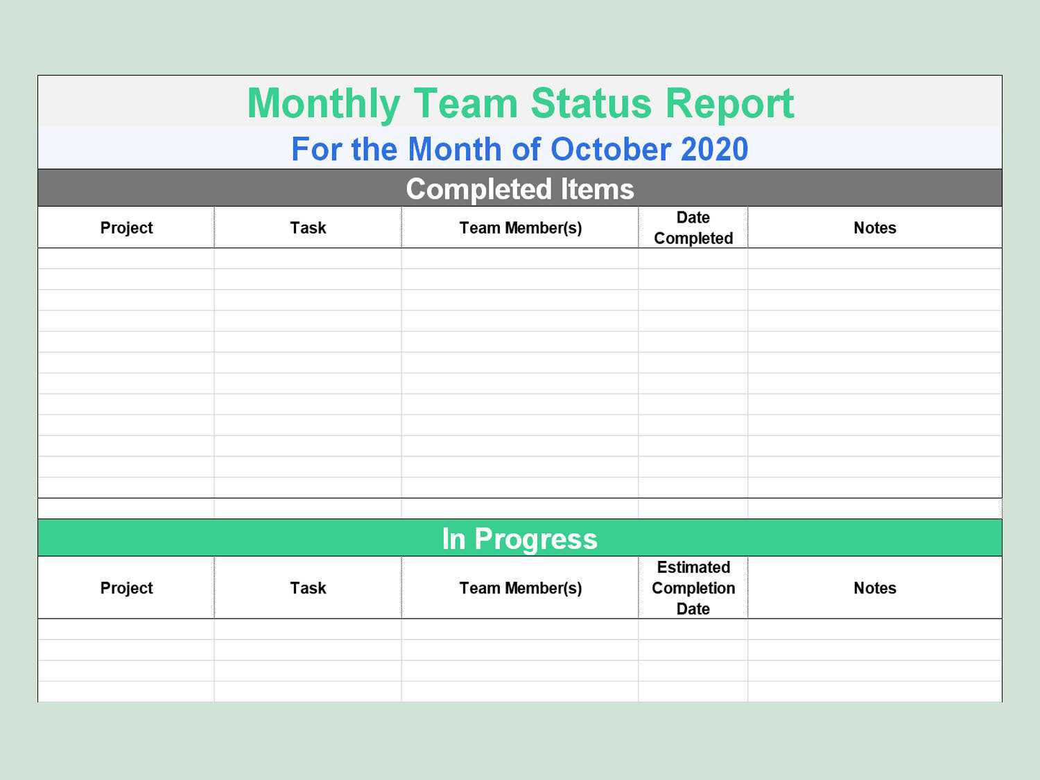 EXCEL Of Simple Team Status Report