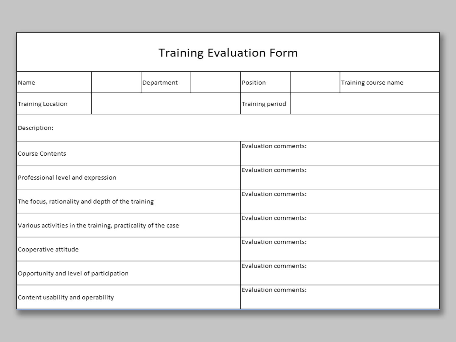 EXCEL Of Training Evaluation Form