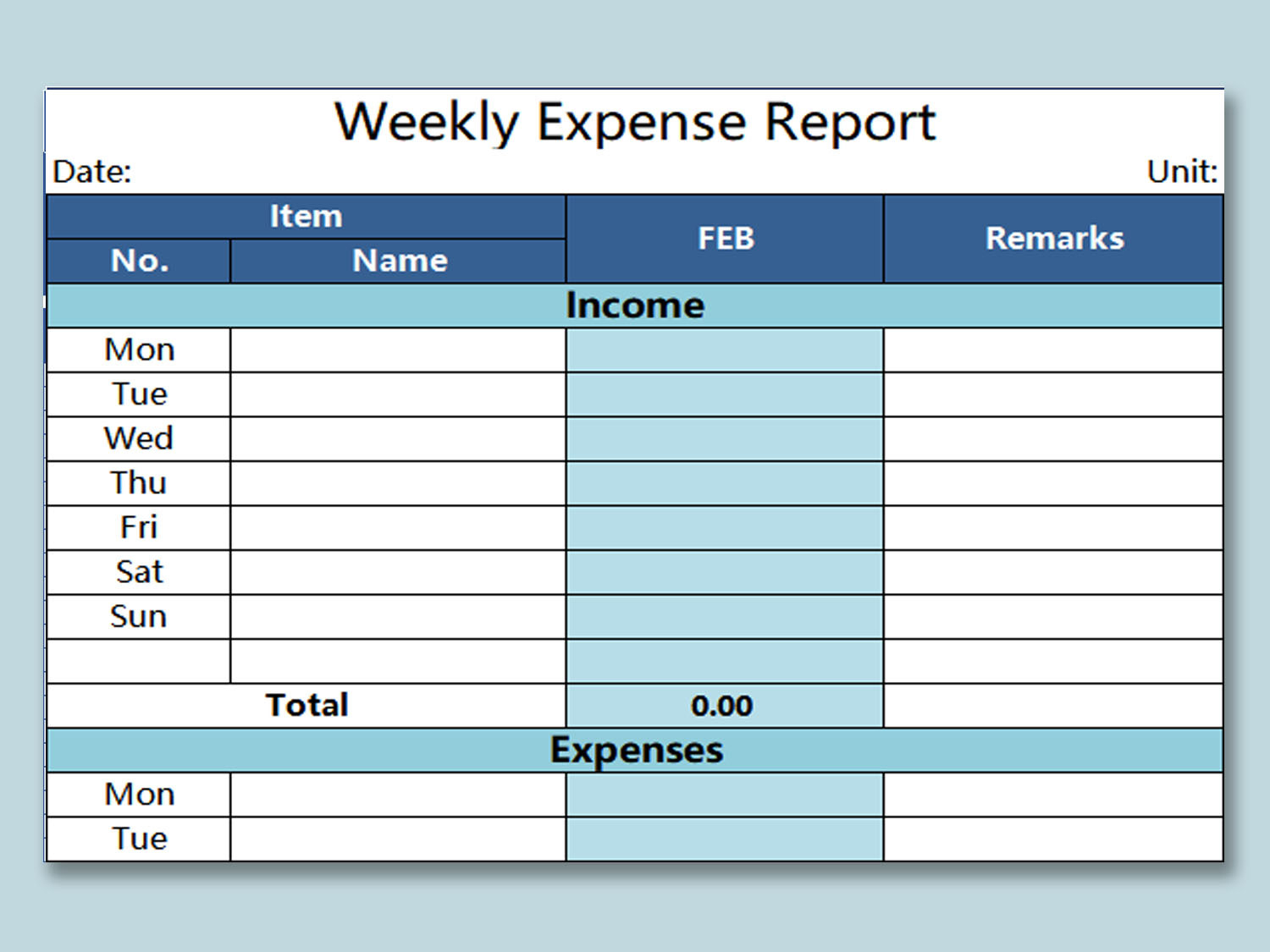 EXCEL of Weekly Expense Report
