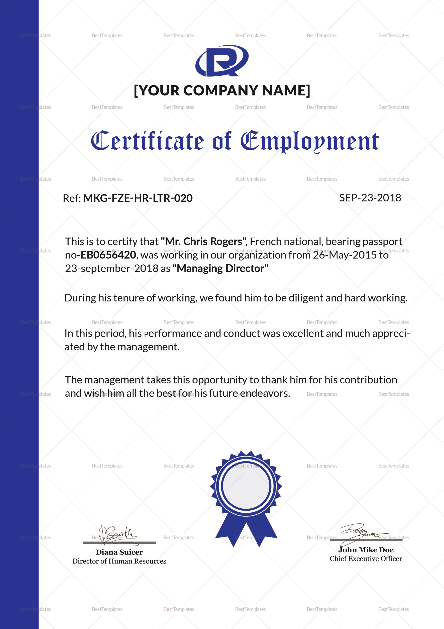 Excellent Employment Certificate Design Template In PSD, Word Regarding Template Of Certificate Of Employment