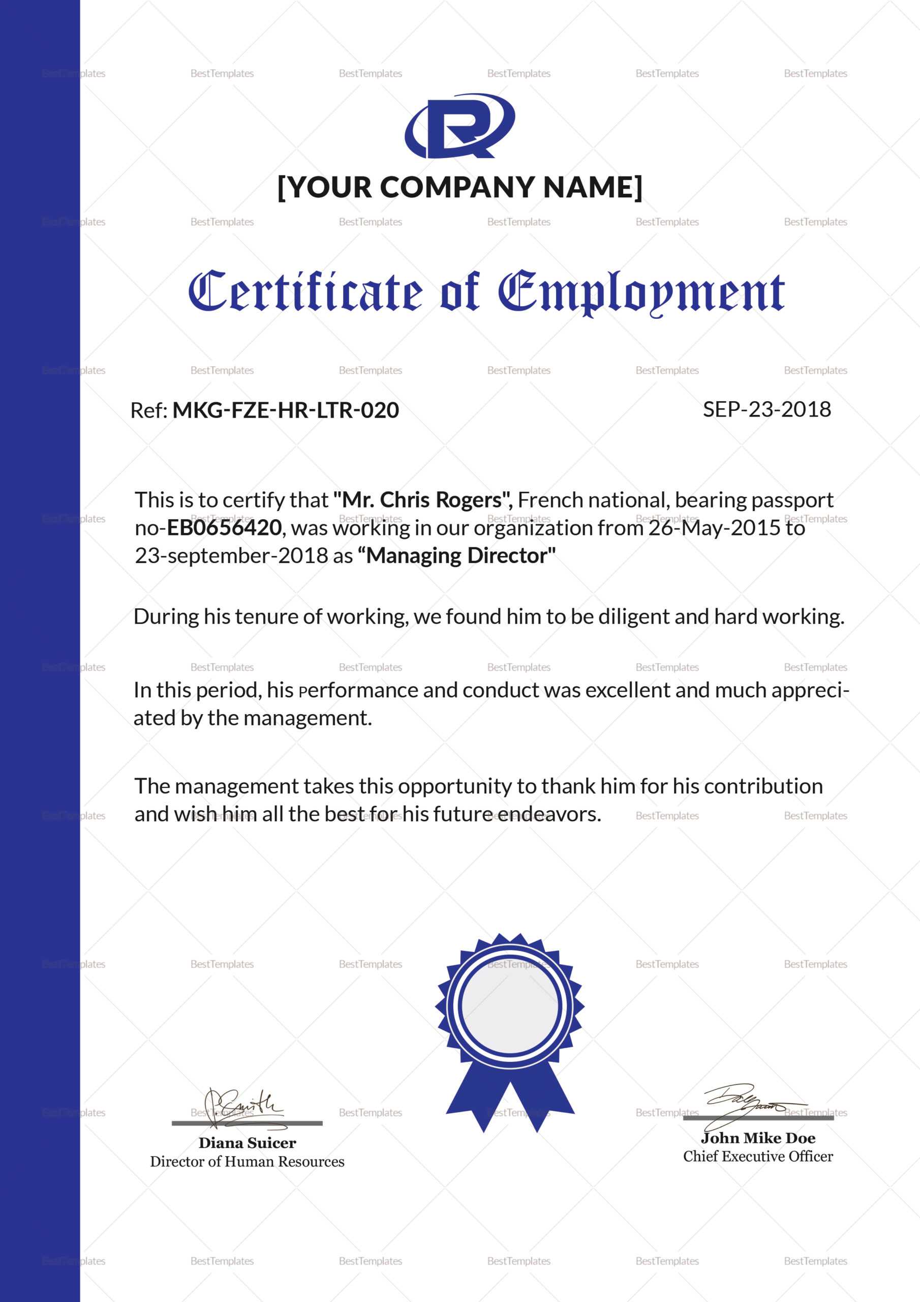 Excellent Employment Certificate Design Template in PSD, Word Regarding Template Of Certificate Of Employment